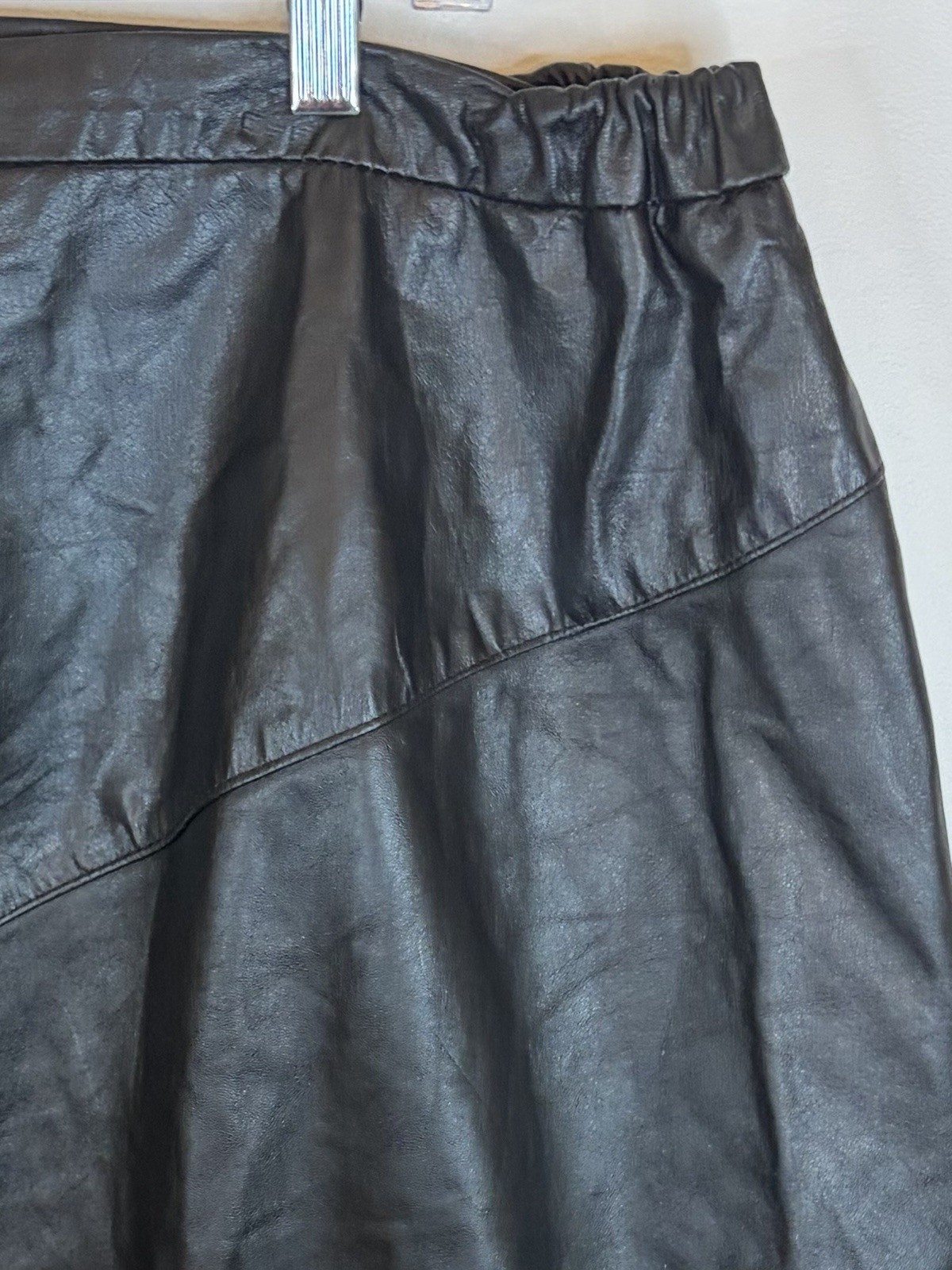 Vtg AGGIE GEORGETTE Chordas Leather A-Line Midi Skirt 40 Lined 80s Biker Goth