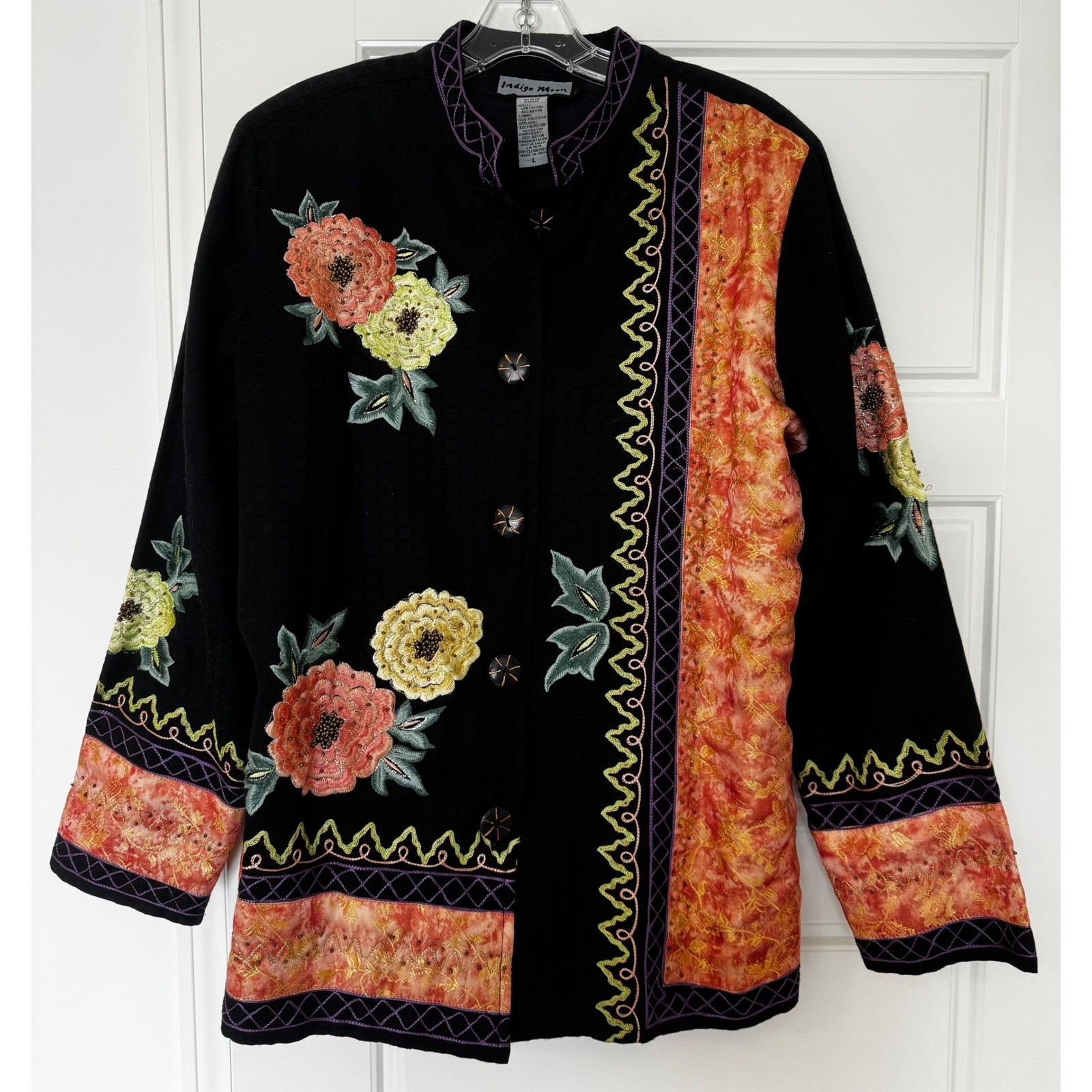 Vintage Indigo Moon Embroidered Floral Jacket Large Boho Art to Wear Patchwork