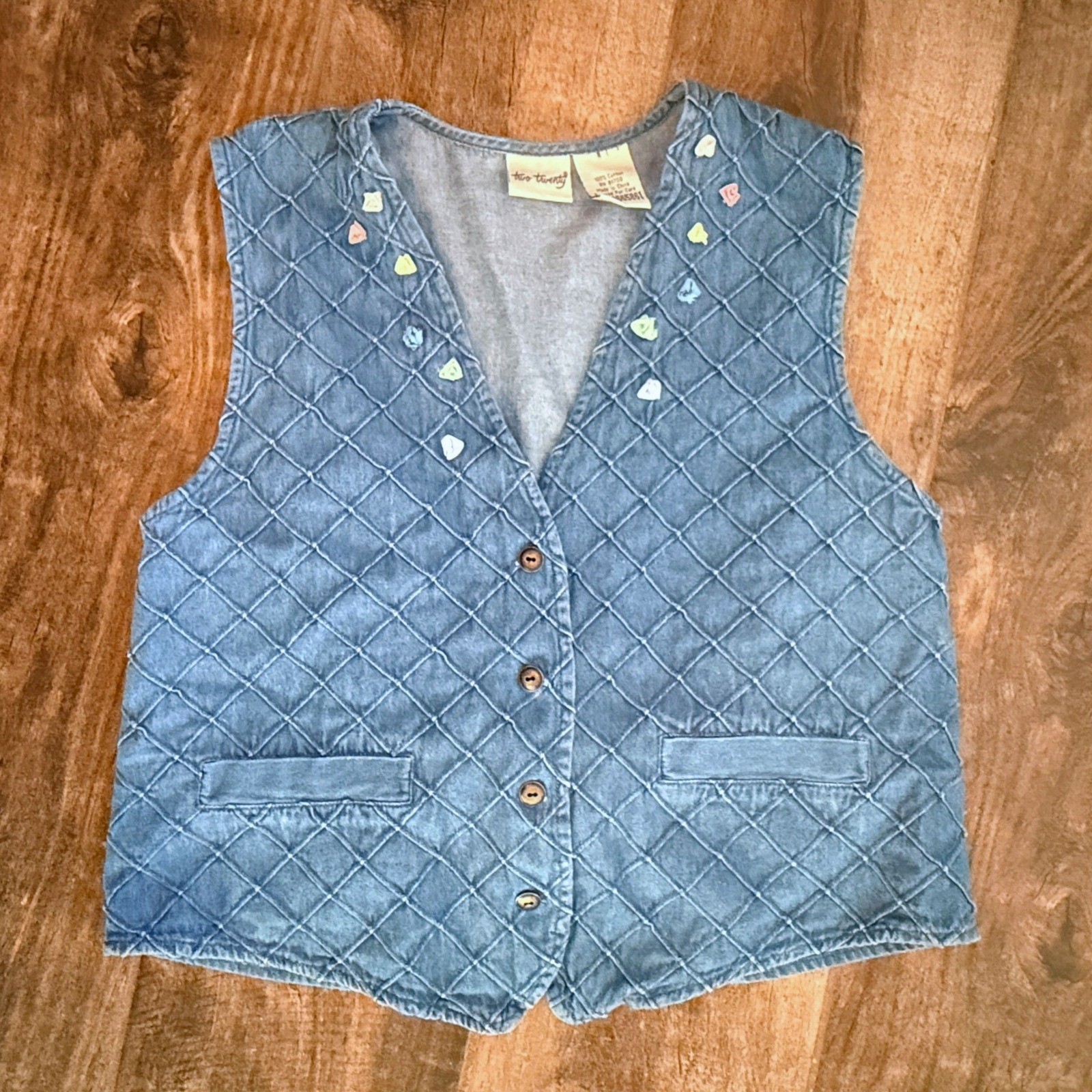 Two Twenty Women’s Vintage Rosette Detail Denim Quilted Vest, Blue Pastels,M