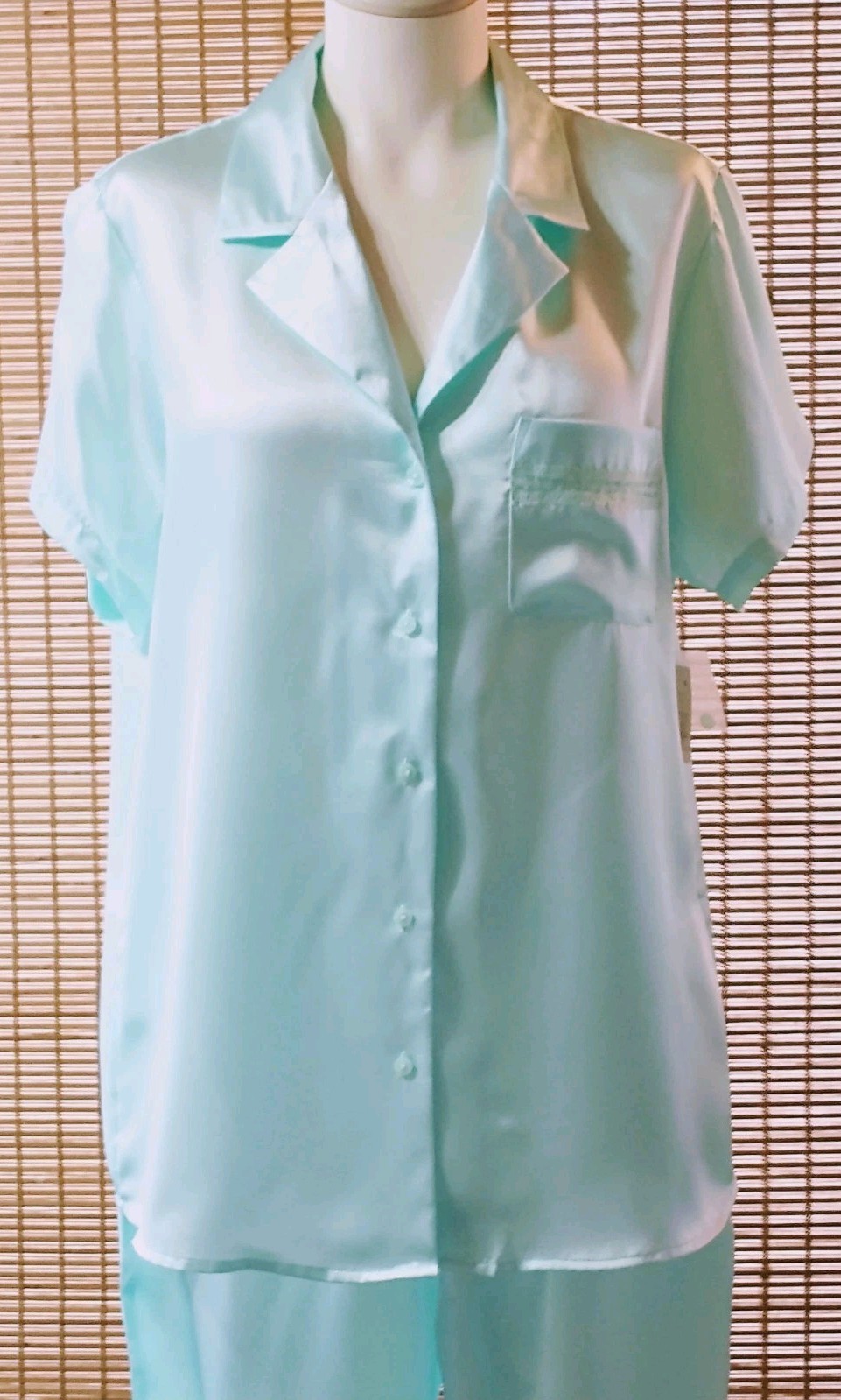 Vintage Adonna Pajama Set Pale Aqua Short Sleeve w Pocket Satin Poly Sz LG NWT