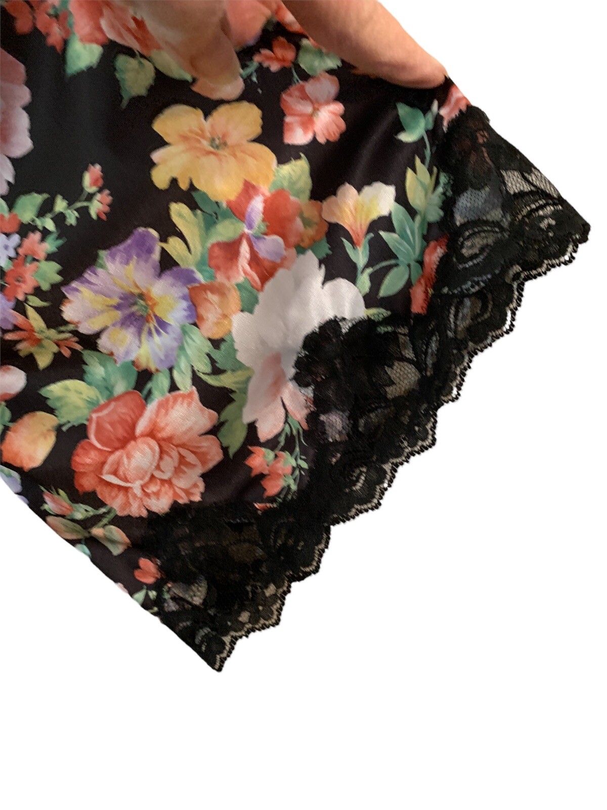 Lorraine Large Black Floral Robe Tie Glossy Satin Lace Trim Flower USA Sleepwear