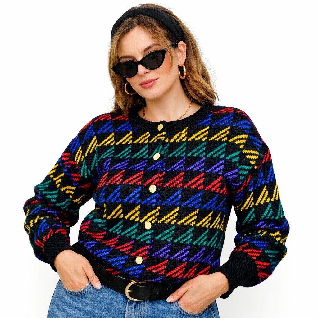 Vintage Willow Ridge Rainbow Geometric Cardigan Sweater Black M Quirky Art Core