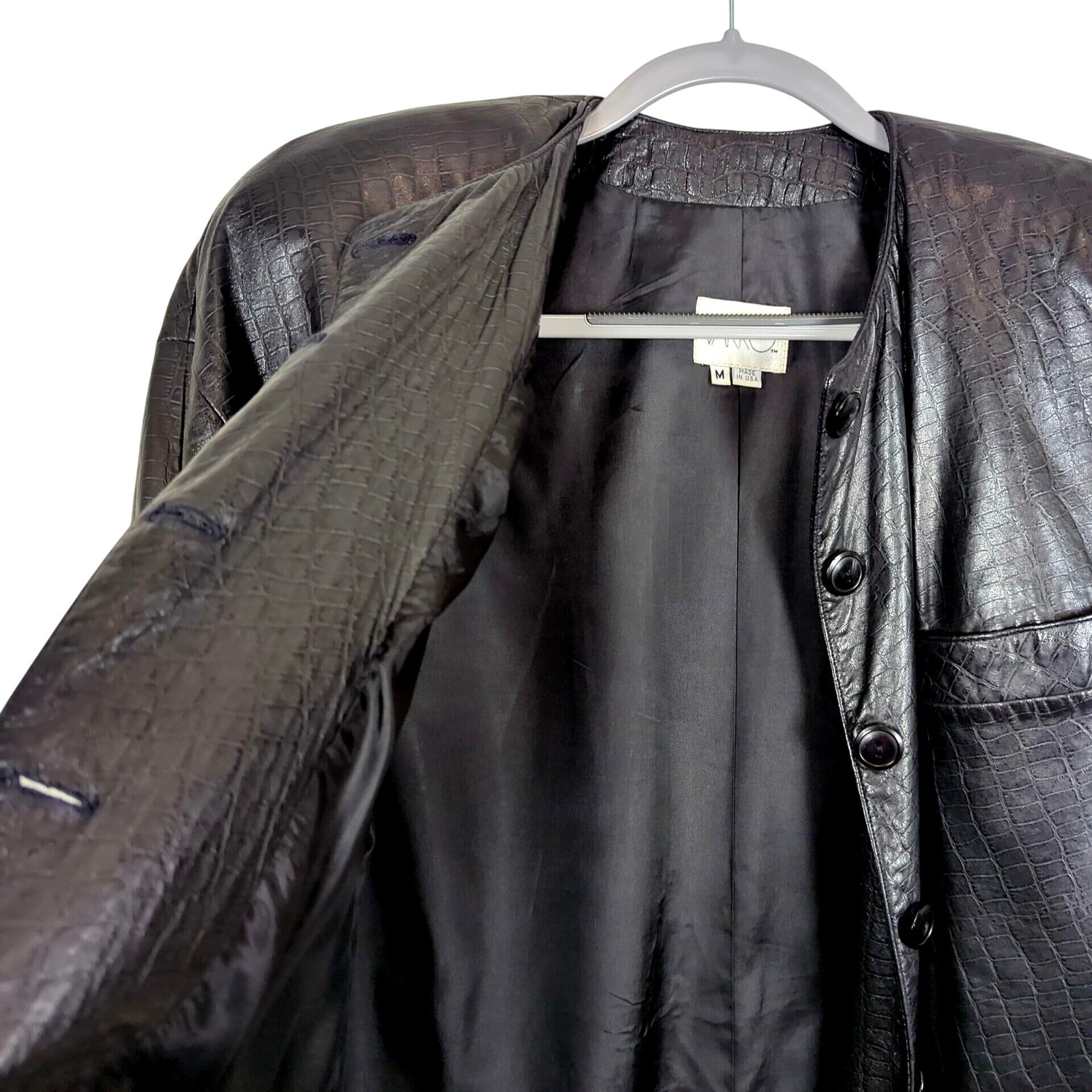 Vintage Vakko Leather Black Jacket Size M Croc Embossed USA Made Button Front