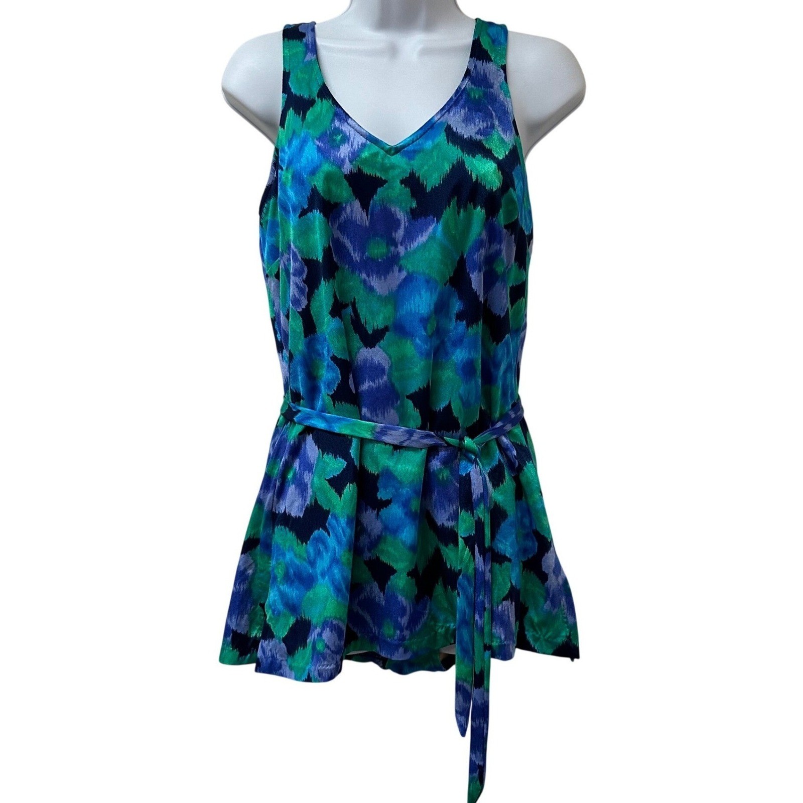 Maxine of Hollywood Vintage Swim Dress Blue Green Floral One Piece Size 16 USA