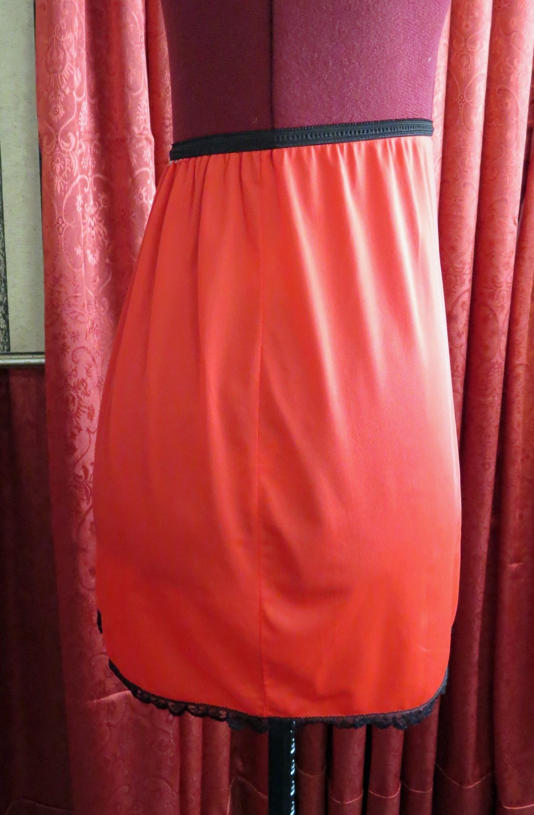 1960s Red Nylon with Black Lace Embroidered Half Slip Mini Skirt “I Love You”