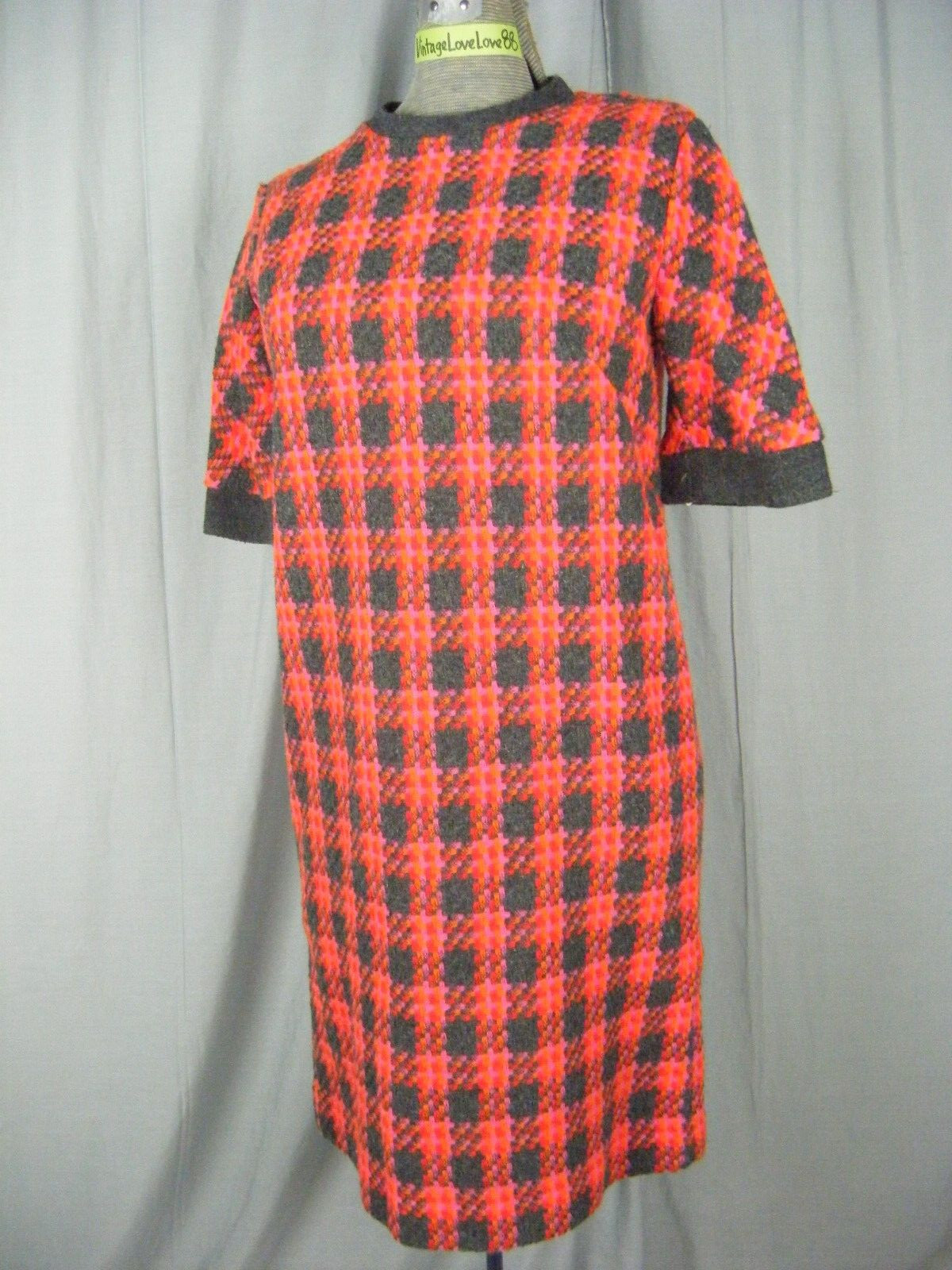 BEELINE FASHIONS Vtg 70s Orange Pink Grey Woven Poly Knit Dress-Bust 36/S