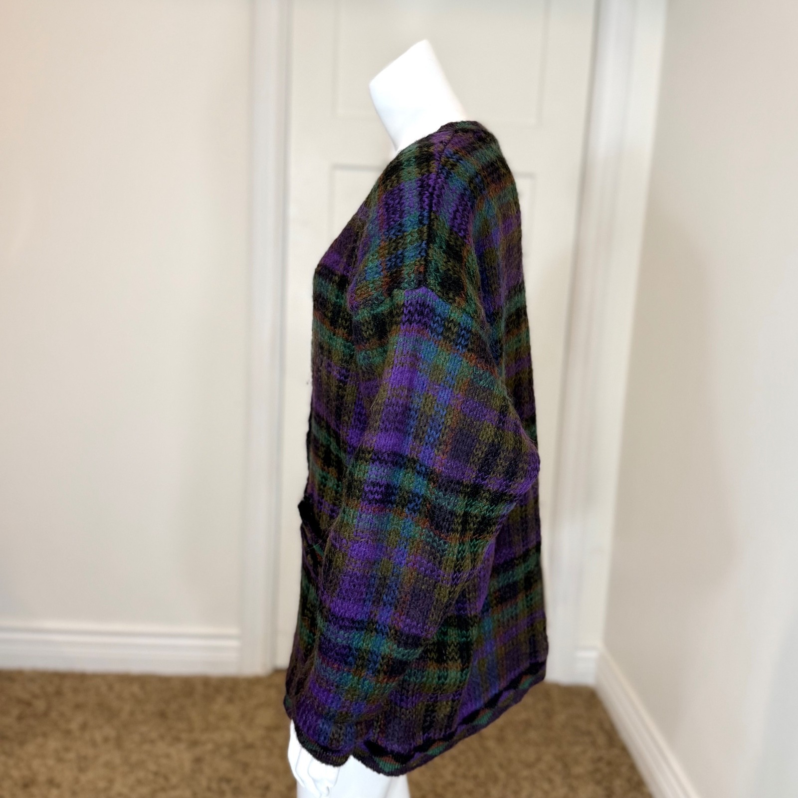 Vintage 80’s PLAID MOHAIR CARDIGAN M Knit Sweater Boxy Oversized Retro Pockets