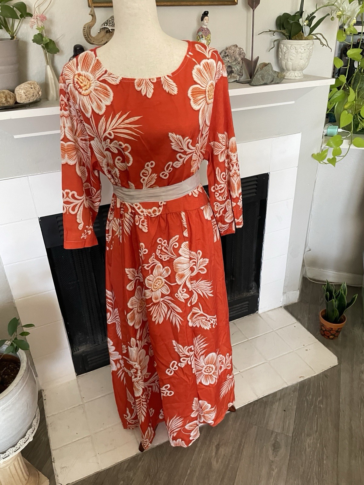 Vint Handmade 4x Orange Floral Hawaiian Luau Hostess Maxi DressTropical Mahalo