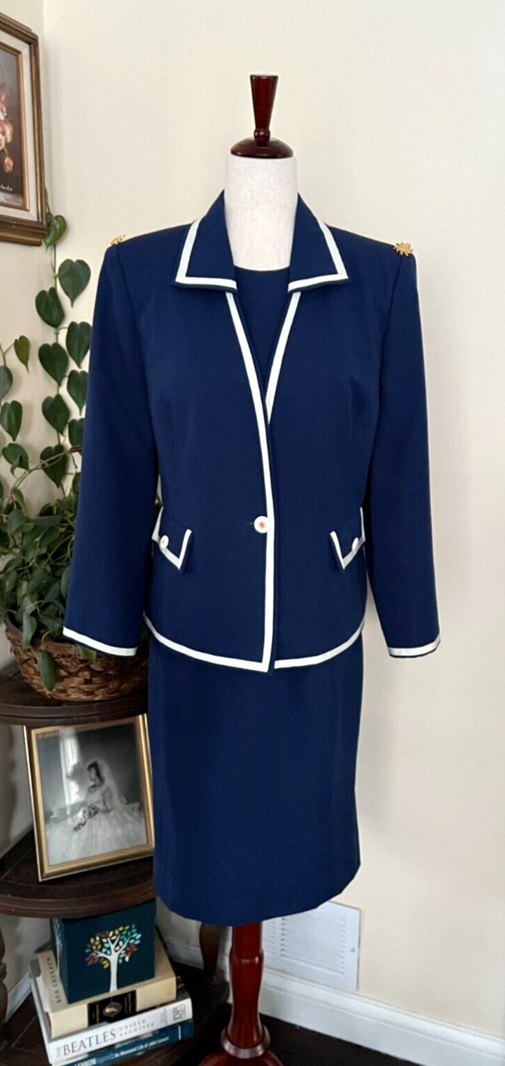 Diane Roberts Vintage Navy Blue Nautical Dress sz 14H Gold Star Buttons 3 piece
