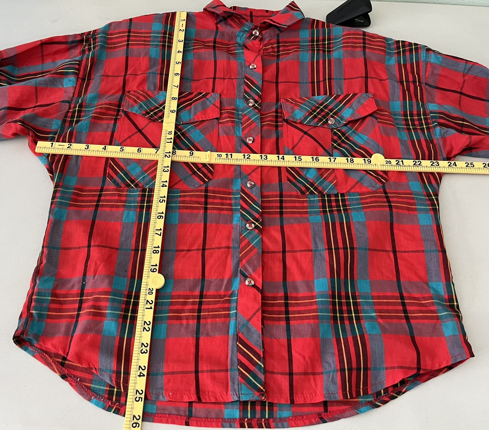 CIRCLE T by Marilyn Lenox Vtg Red Turquoise Plaid Western Button Down Shirt 9-10