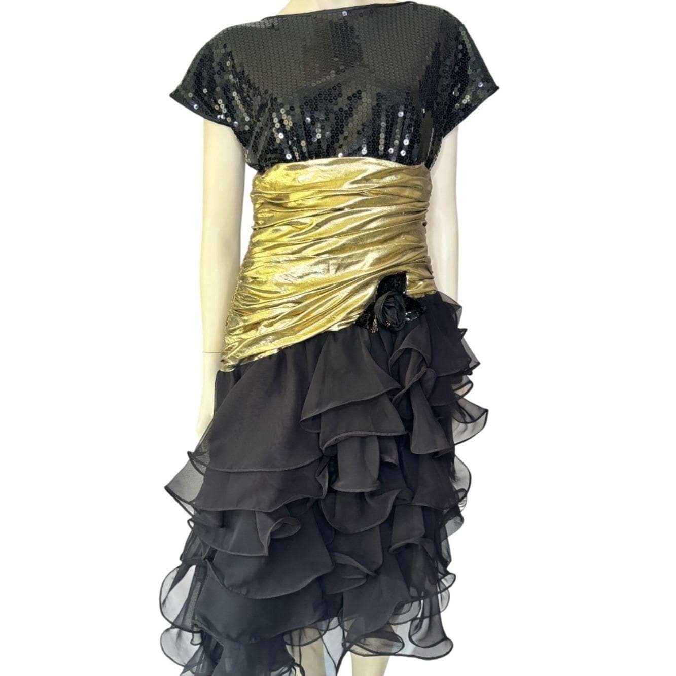 Vintage 1980’s Lillie Rubin Black Sequin & Gold Lamé Ruffle Cocktail Dress M