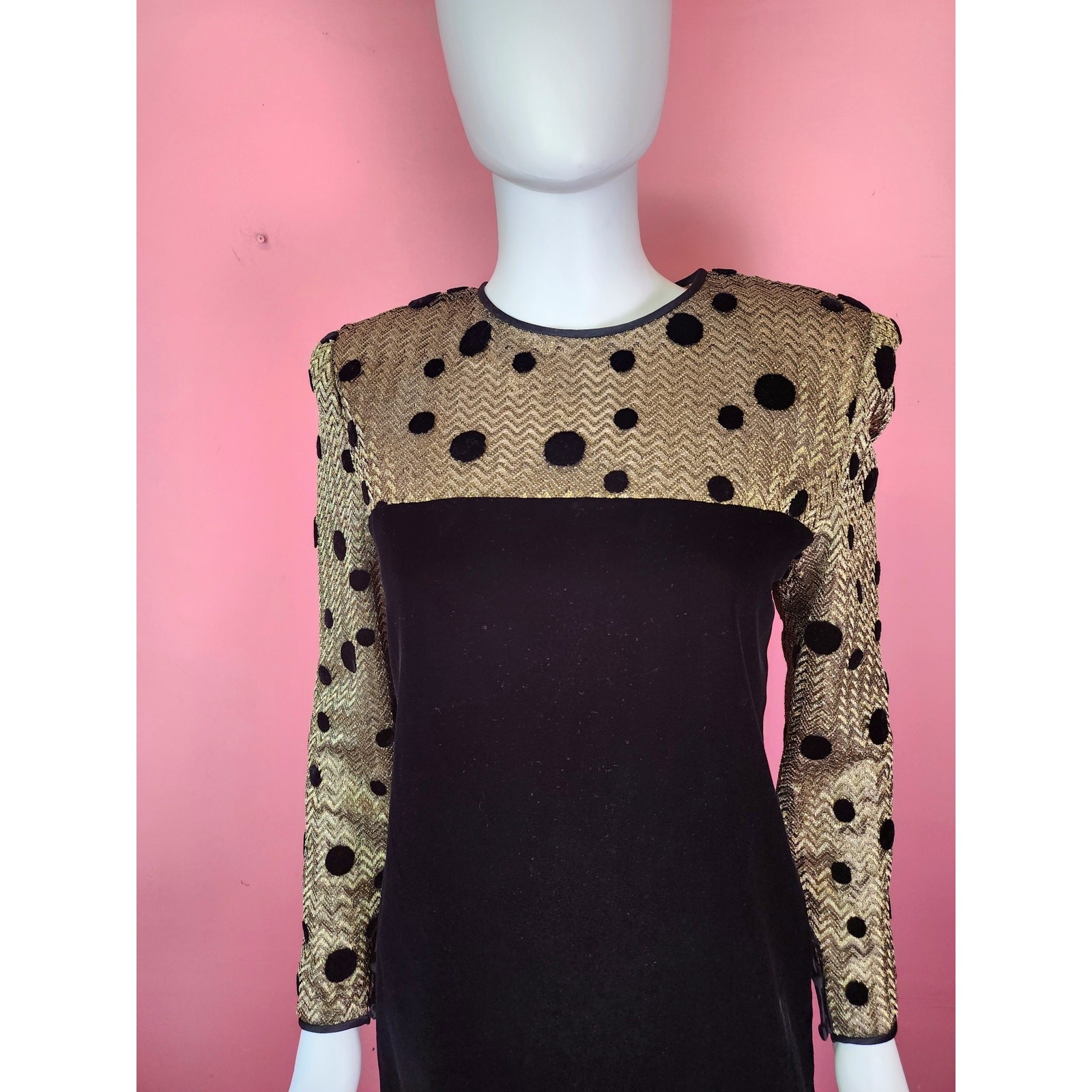 Vintage 1980’s Black Velvet Metallic Gold Polka Dot Long Sleeve Cocktail Dress