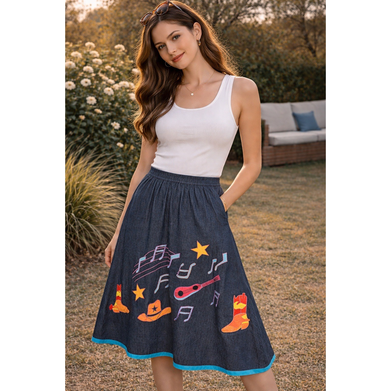 Vintage Southern Image Denim Maxi Skirt Western Cowgirl Country Music Novelty