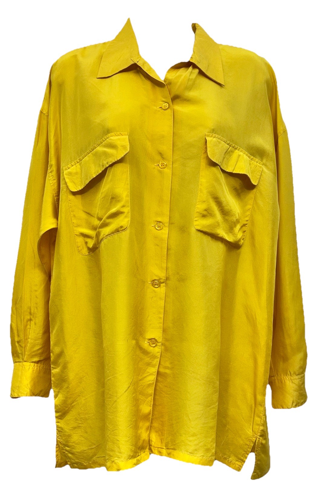 VTG Bonjour Women Size M Button Up Long Sleeve 100% Silk Blouse Yellow Pockets