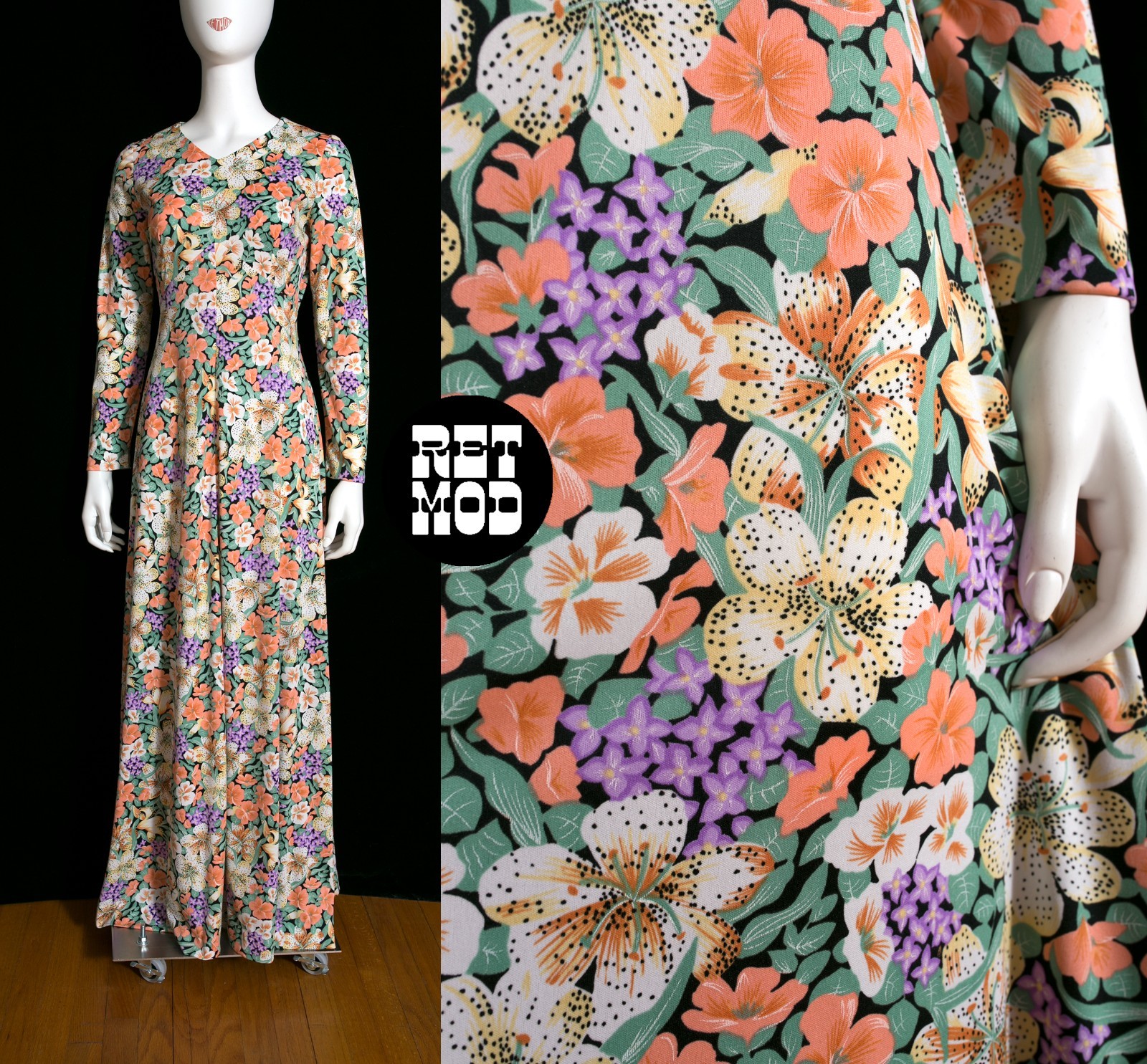 Gorgeous Vintage 70s Pastel Green Peach Purple Floral Patterned Maxi Dress