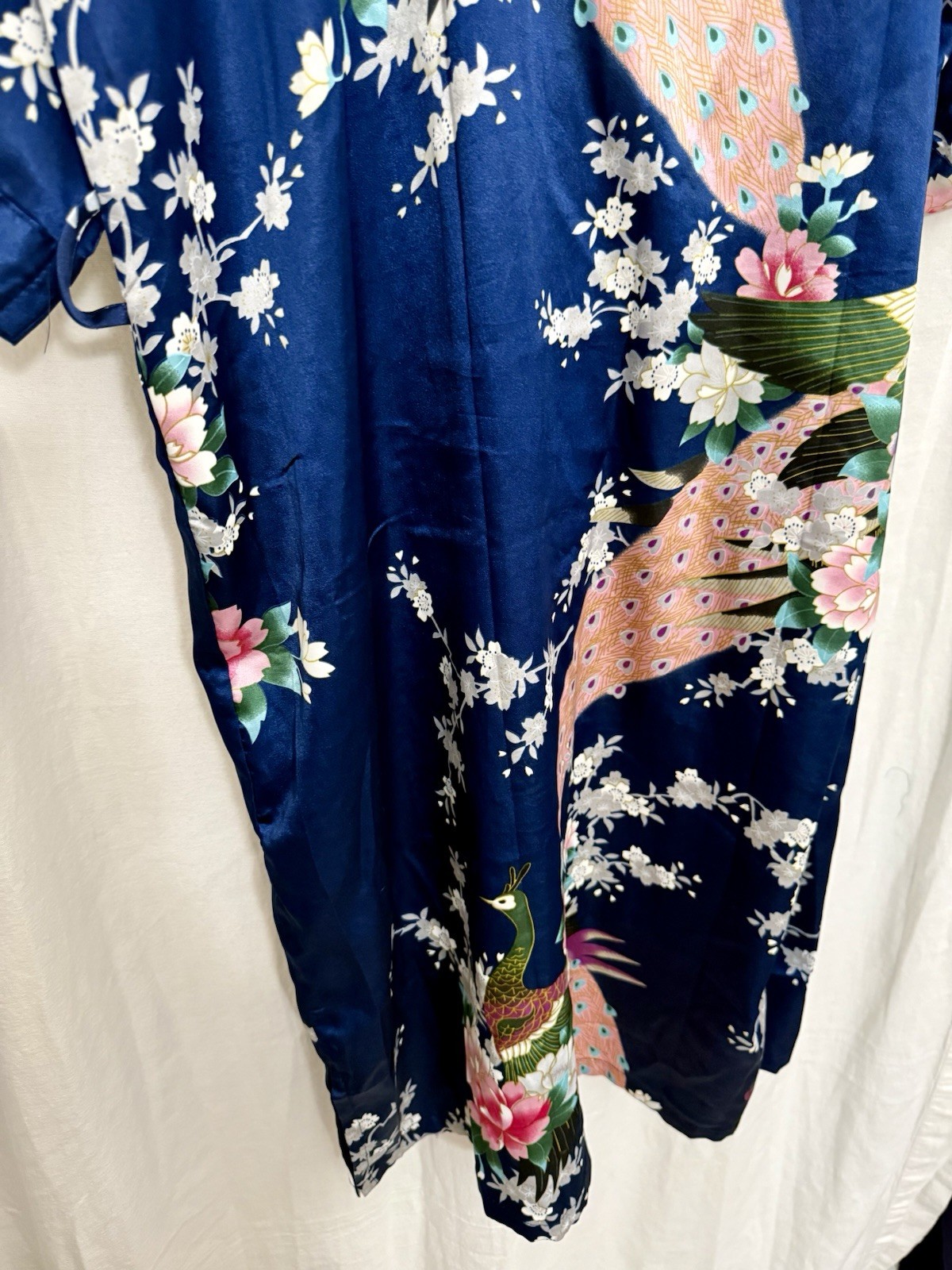 VTG 90s Silk Peacock Kimono Robe Blue Floral Statement Boho Lagenlook Luxe