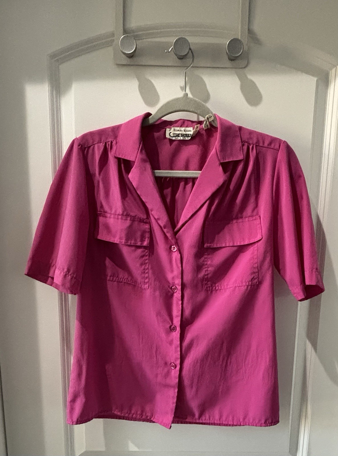 Vtg 80s Neiman Marcus Fuchsia Pink Camp Shirt Blouse Mod Boho Size 7/8 HK Made