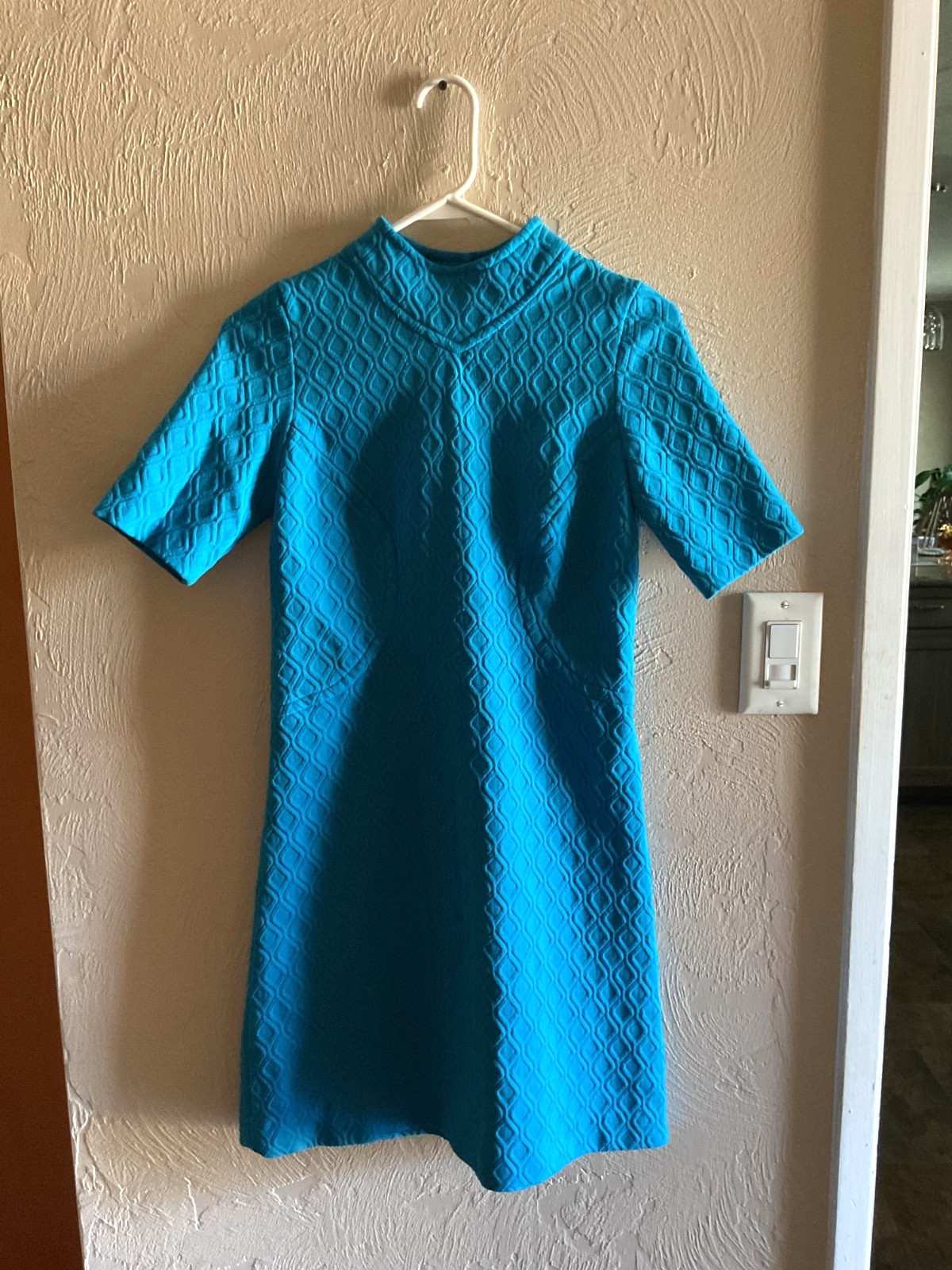 Vintage 1960’s Handmade Teal Blue Polyester Dress Diamond Print Dress Sz S EUC