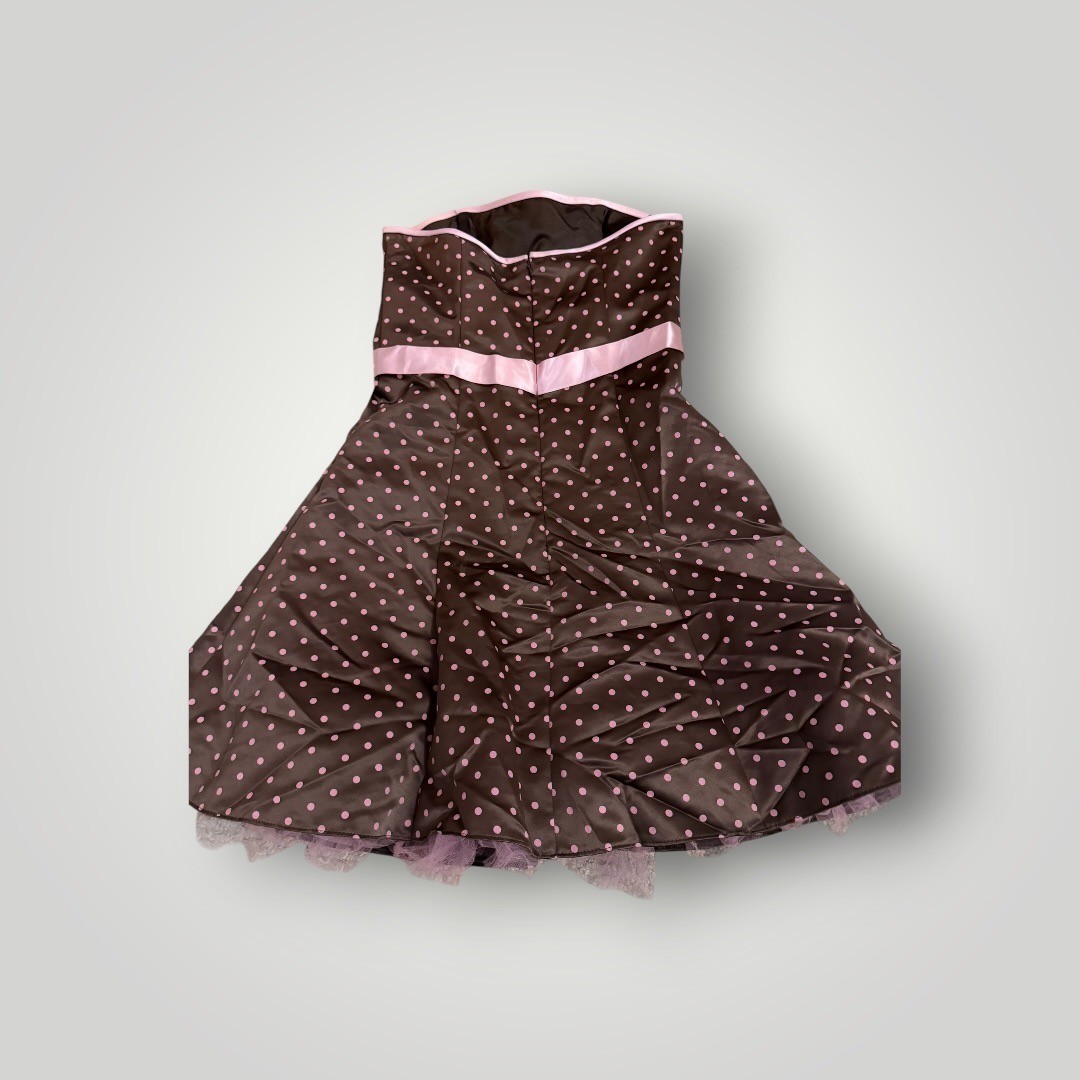Jessica McClintock Gunne Sax Dress 9/10 Brown Pink Polka Dot Strapless Tulle 50s