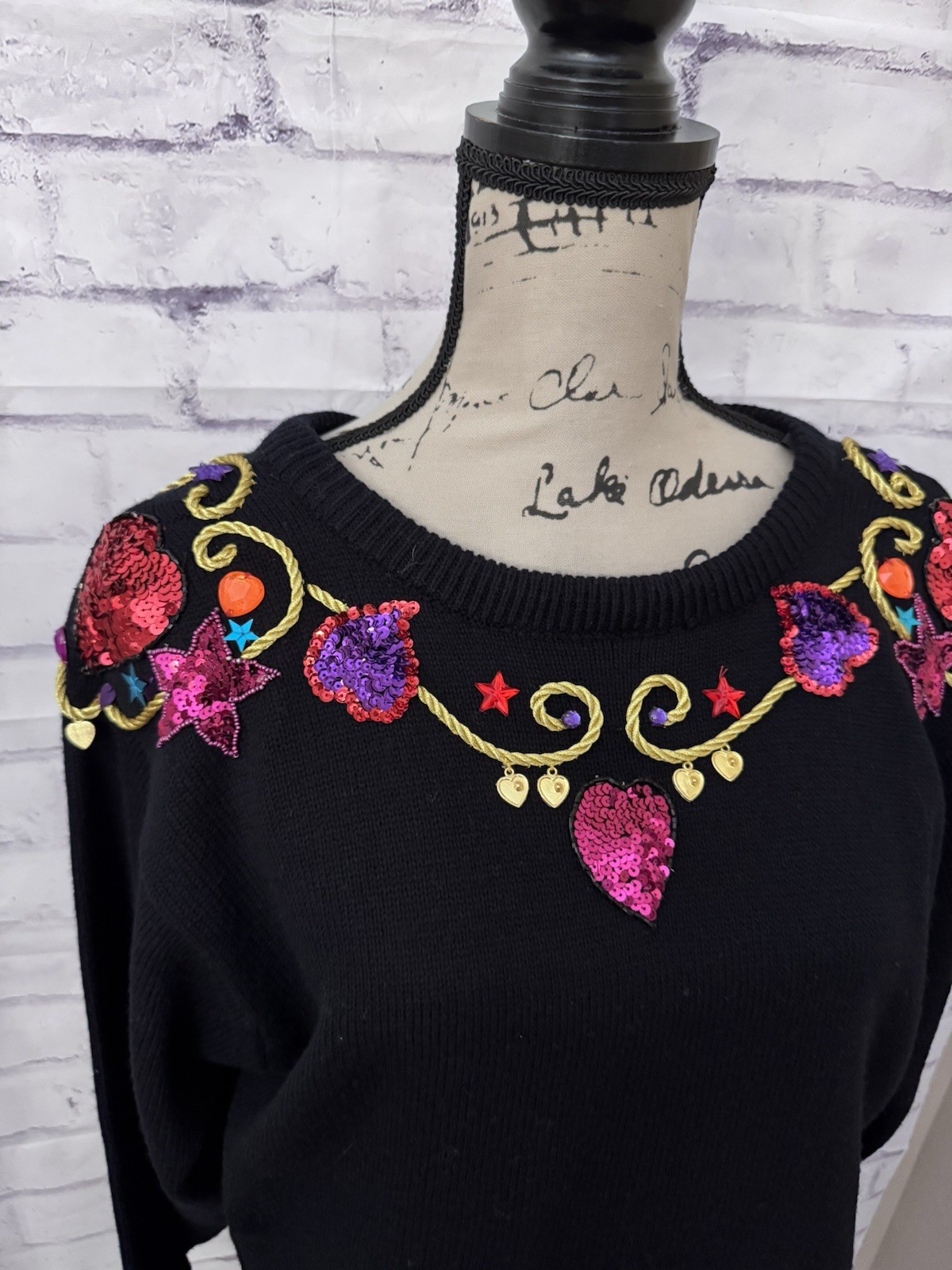 Plain Jane Sz L Black Sweater Dress Ugly Retro Maximalist Bling Sequin Novelty