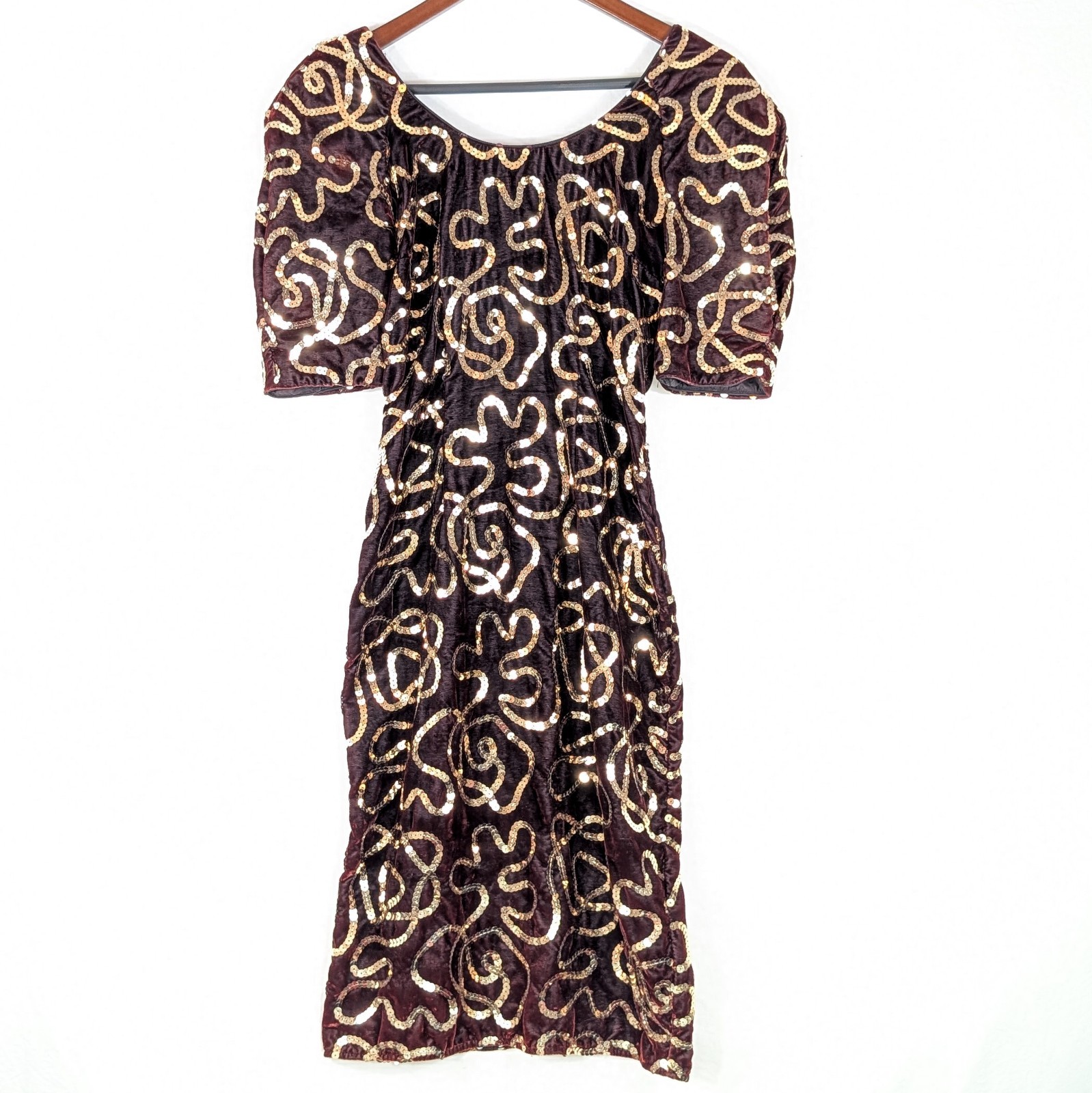 Vtg 80s Midnight Glo Burgundy Velvet Gold Sequin Dress Small Wine Party Cocktail