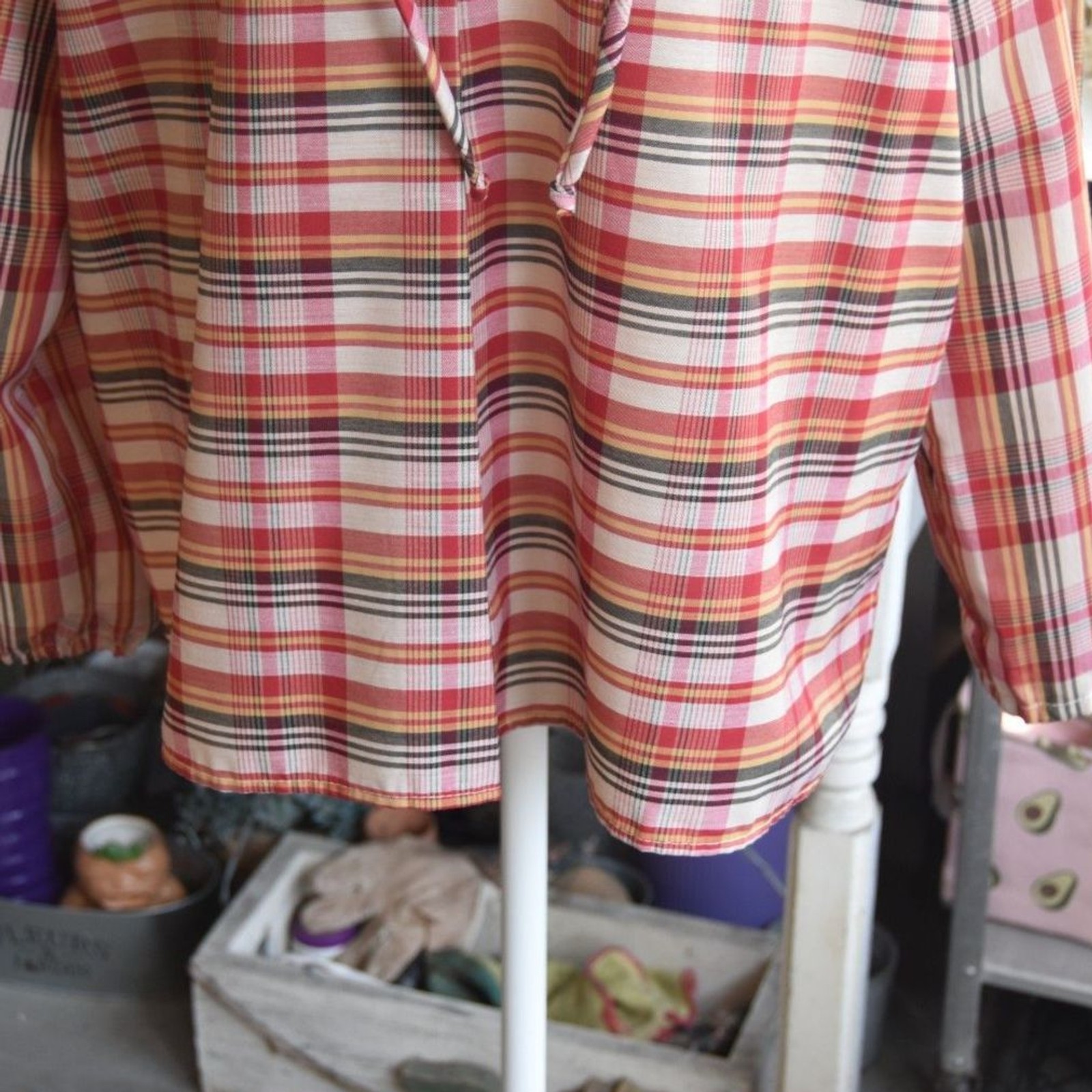Vintage 80s Plaid Peasant Blouse XL XXL Tie Neck Boho Cottagecore Shirt