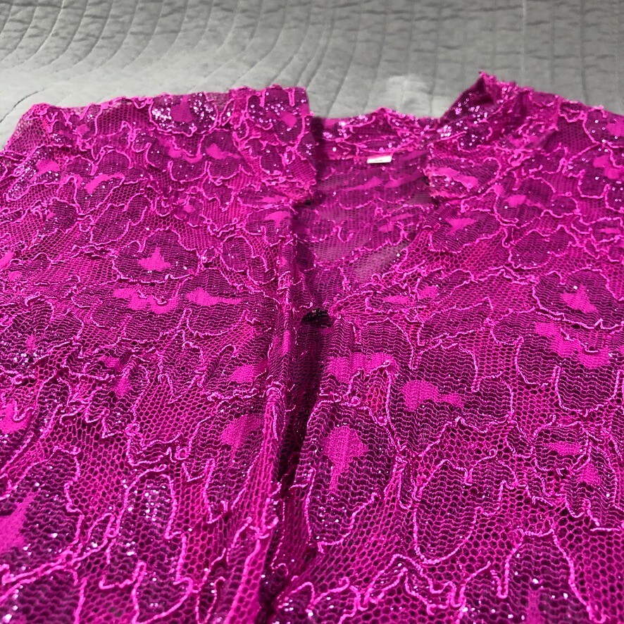 Vintage Y2K Jacket Women Medium Pink Glitter Sheer Lace Festival Kimono Boho NWT