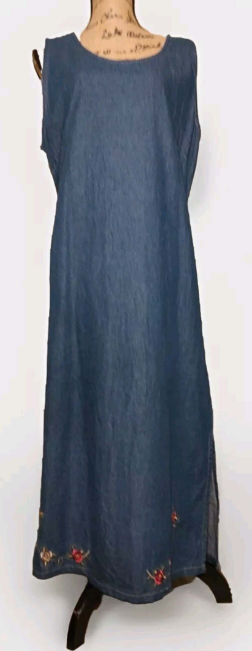 Vintage MPH Blues Maxi Sleeveless Denim Dress Embroidered Flowers Women’s XL