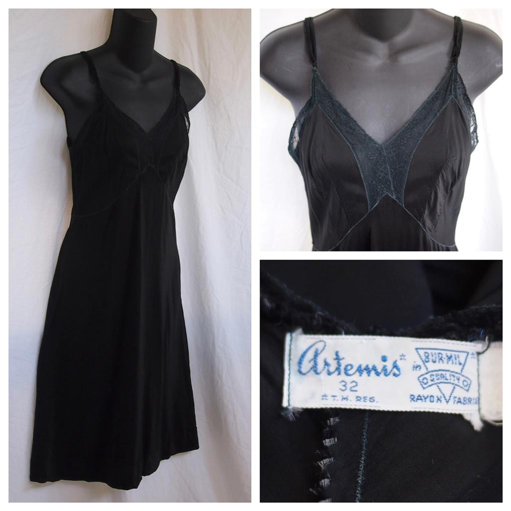 Vintage 50s ARTEMIS Rayon Slinky Sexy Black Full Slip Floral LACE 32 S Pin-Up