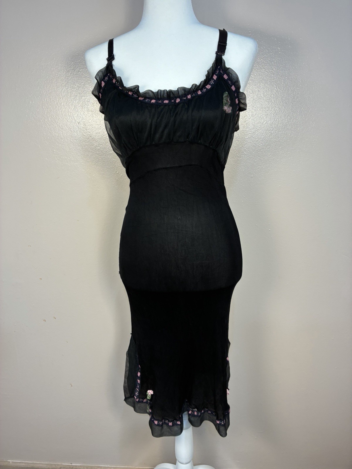 Vintage Unbranded Nylon Ribbon Rose Milkmaid Midi Dress Slip Goth Black Pink S