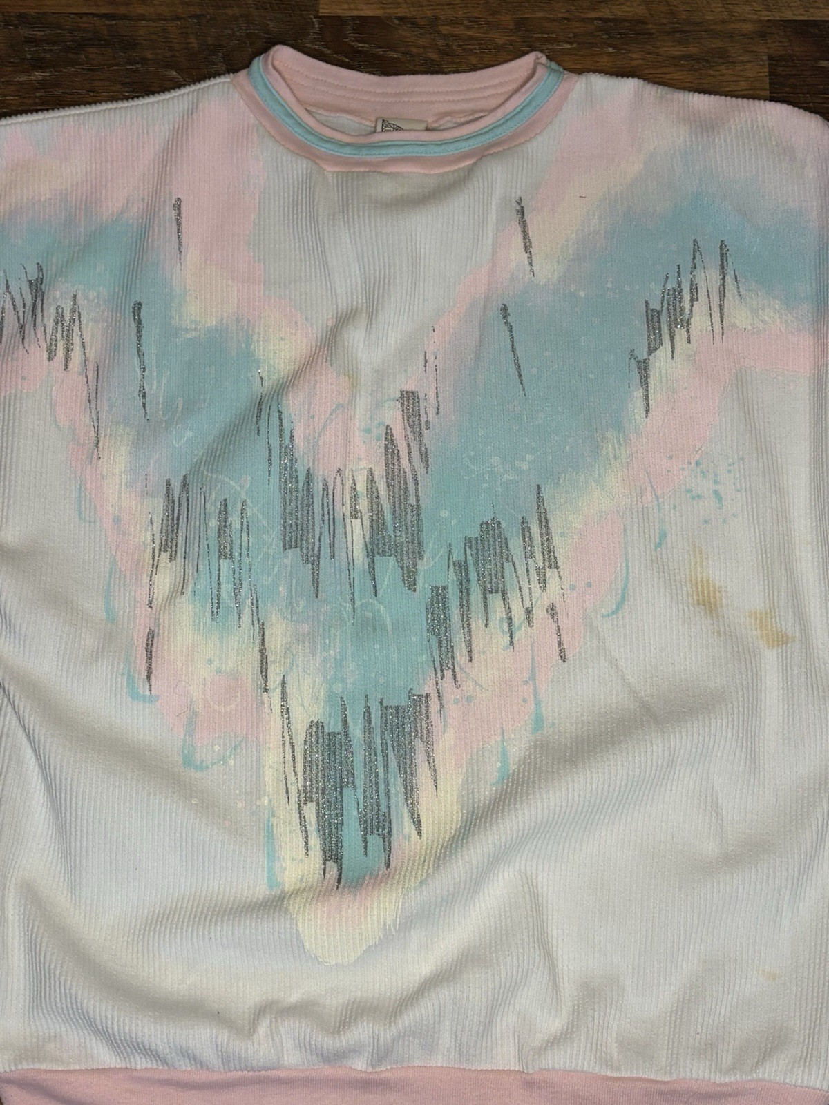 Vintage 80s Crewneck White Ribbed Sweater Pastel Blue Pink Yellow Glitter W’s M
