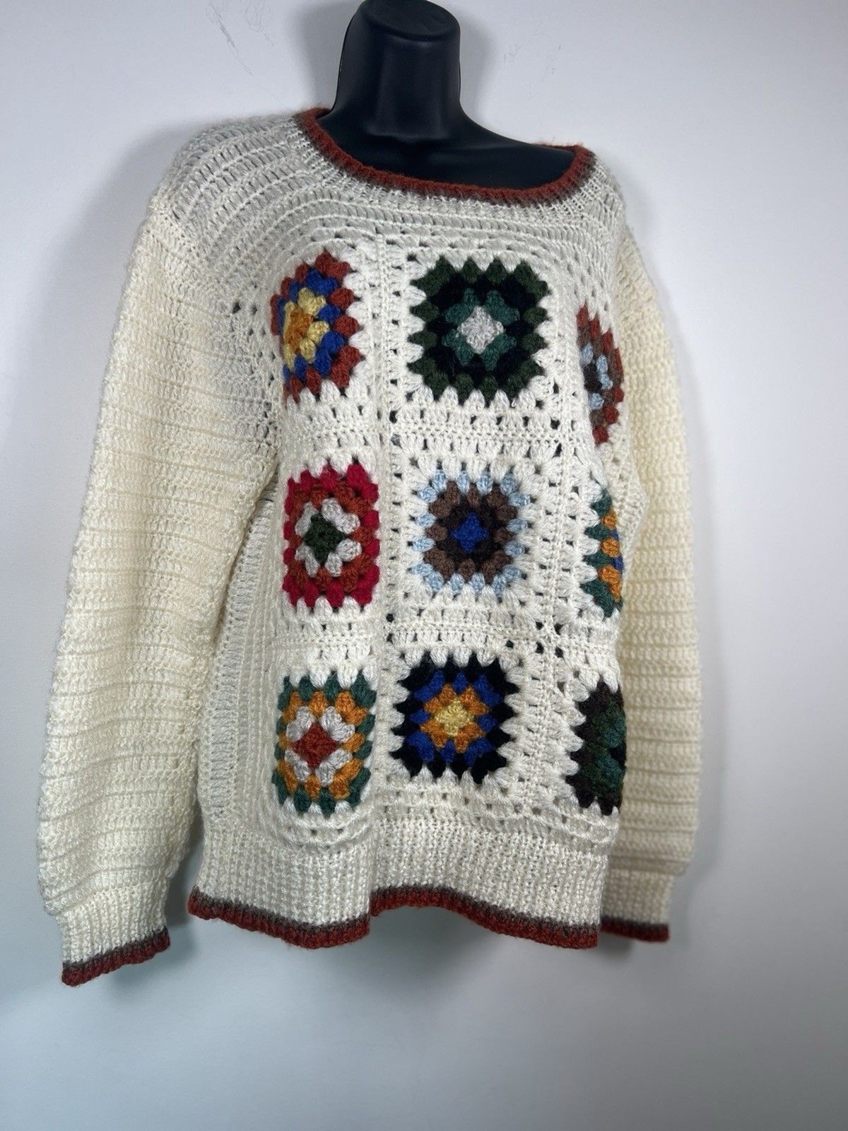 Granny Square 1960s Vintage Sweater Boho Hippie Crochet Knit Korean UNISEX M