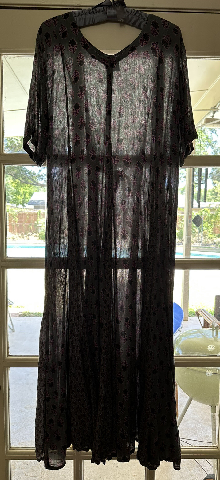 1990s Indian Block Print Rayon Gauze Tie Back Dress Grunge Floral Punk M 90s VTG