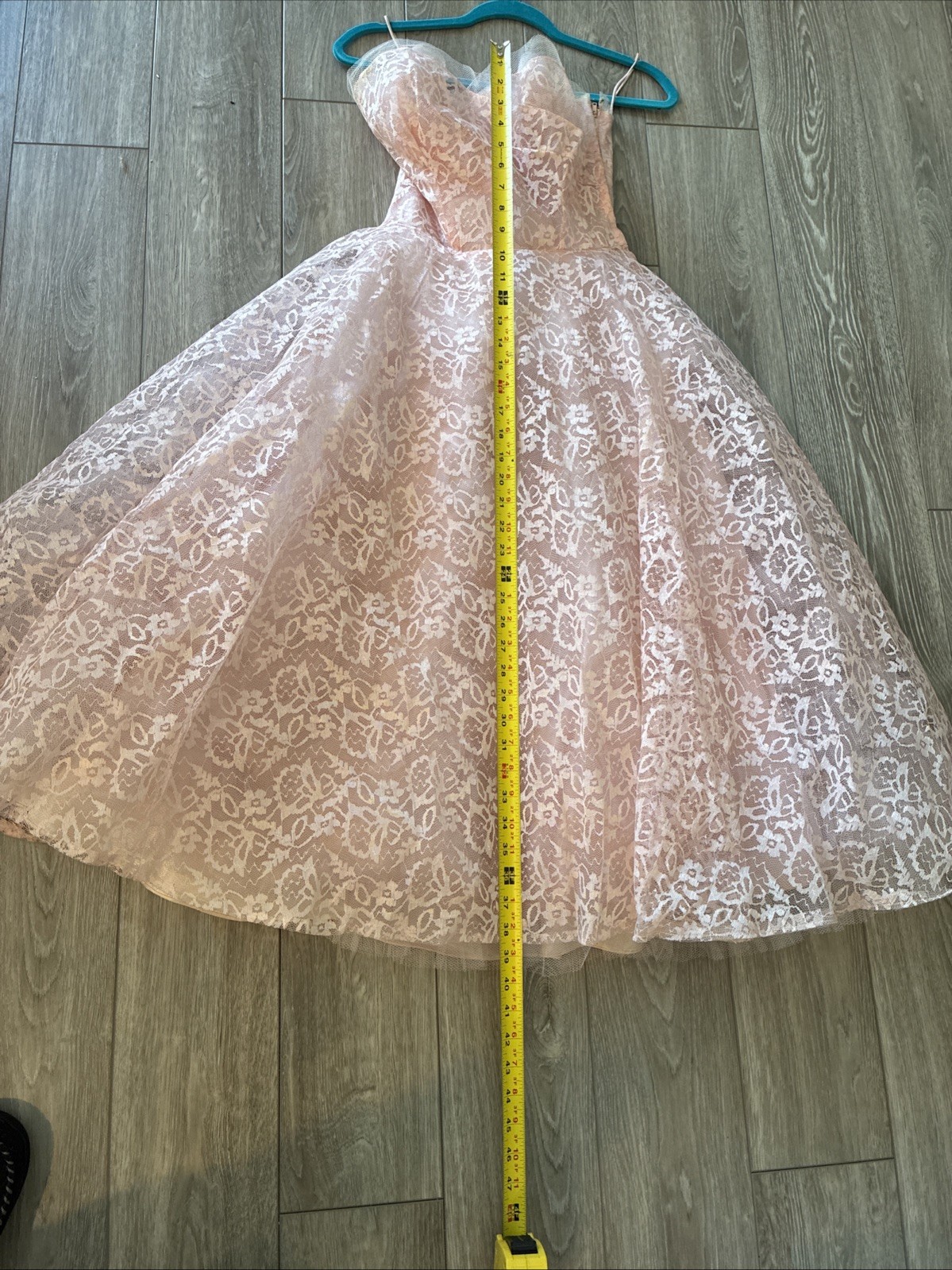 Vintage 1950s Pink Tulle Lace Formal Strapless Dress Satin Underskirt & Necklace