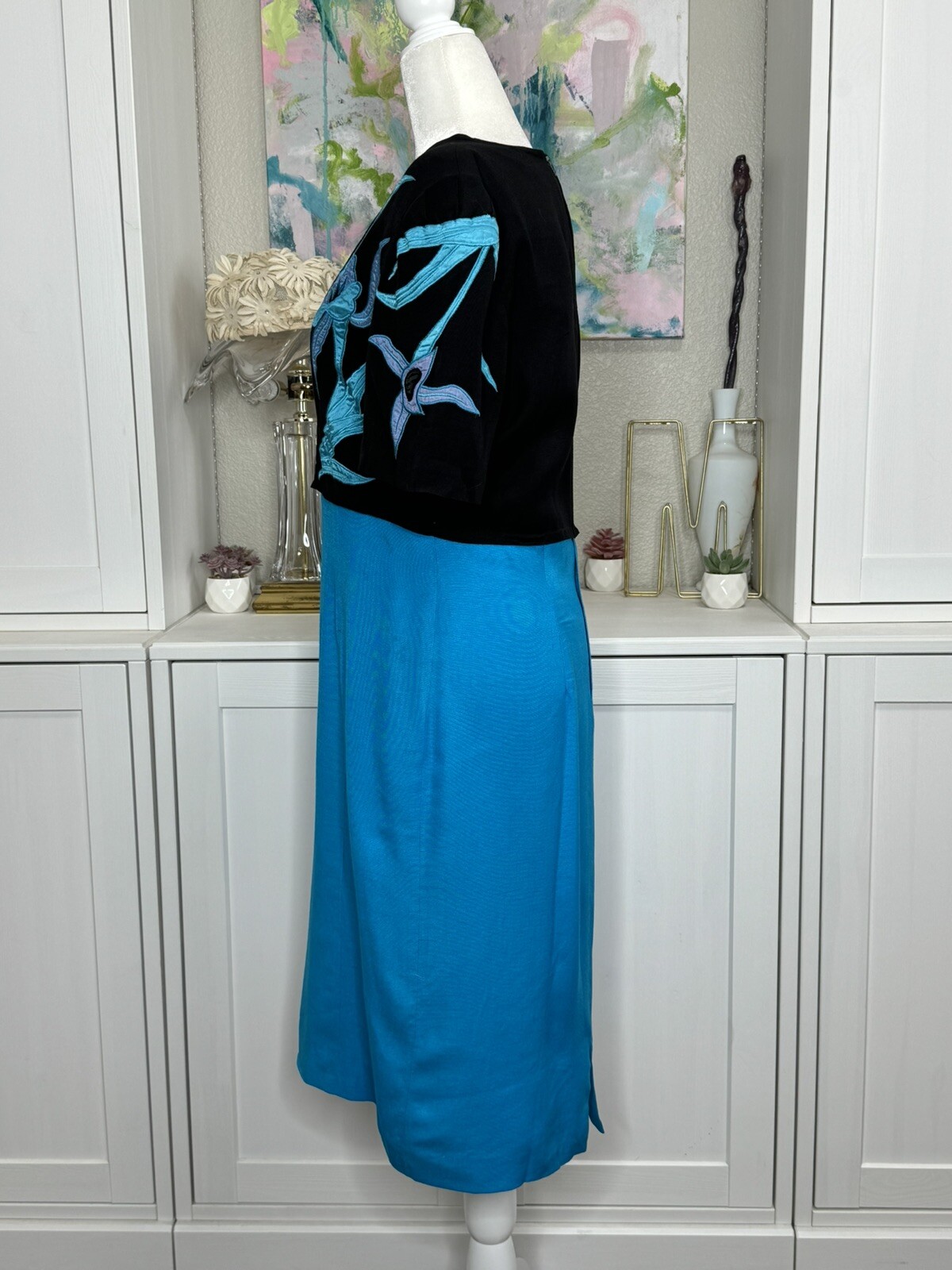 Pia Rucci 1980s Appliqué Wiggle Dress One Piece Illusion Teal Black Size Medium