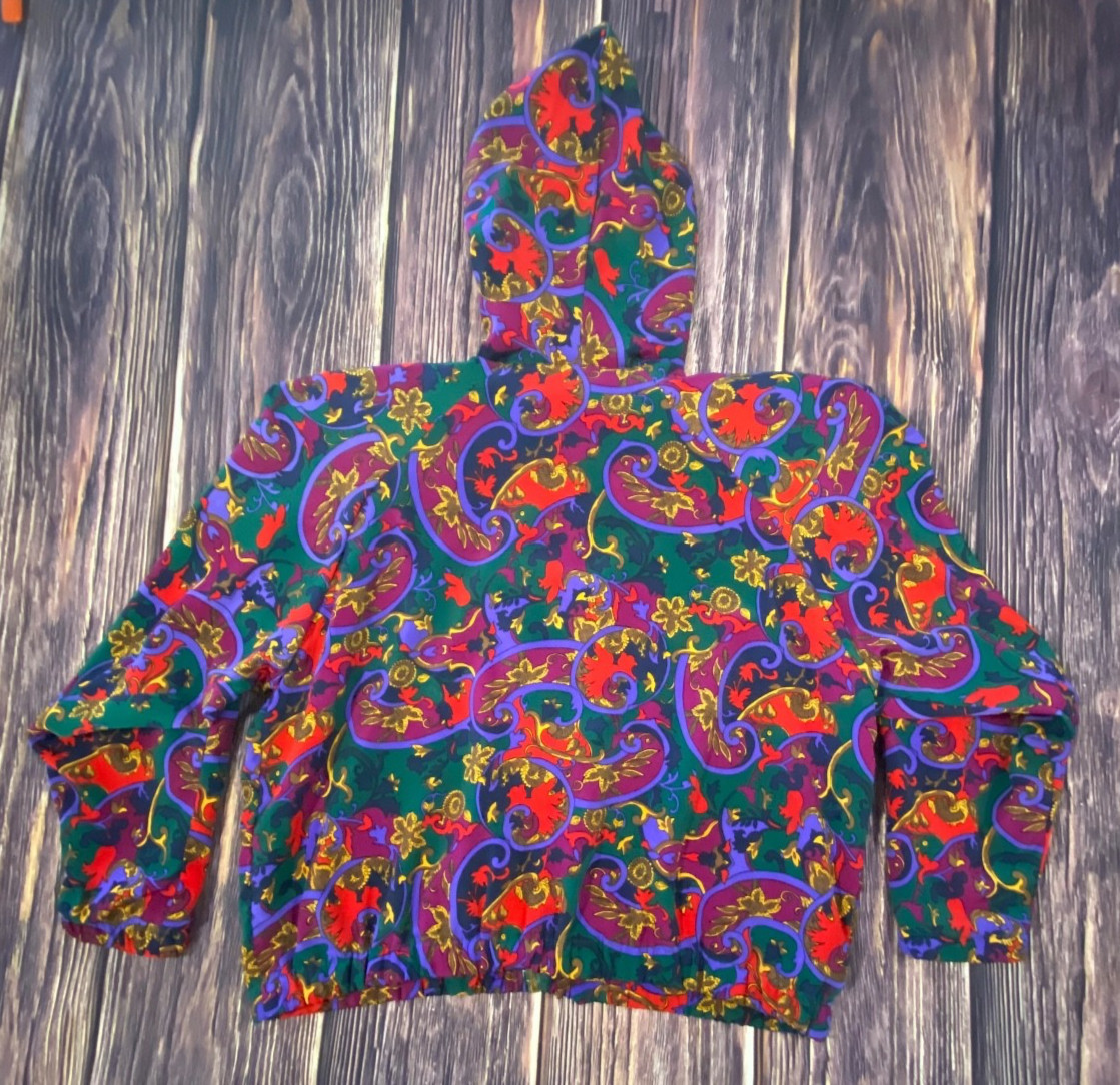 VTG 90s SG Sport Bold Colorful Filigree Satin Hooded Windbreaker Women’s S 6/8