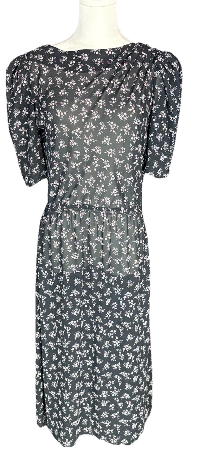 VTG Charlee Allison Black Floral Simi Sheer Maxi Dress Cottage Core Size 9/10