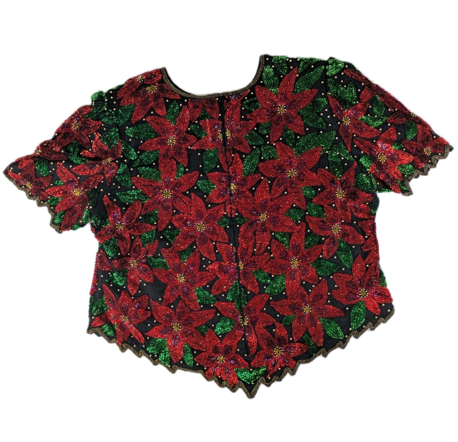 Vintage Laurence Kazar 3X Beaded Sequin Poinsettia Christmas Top Bling Evening