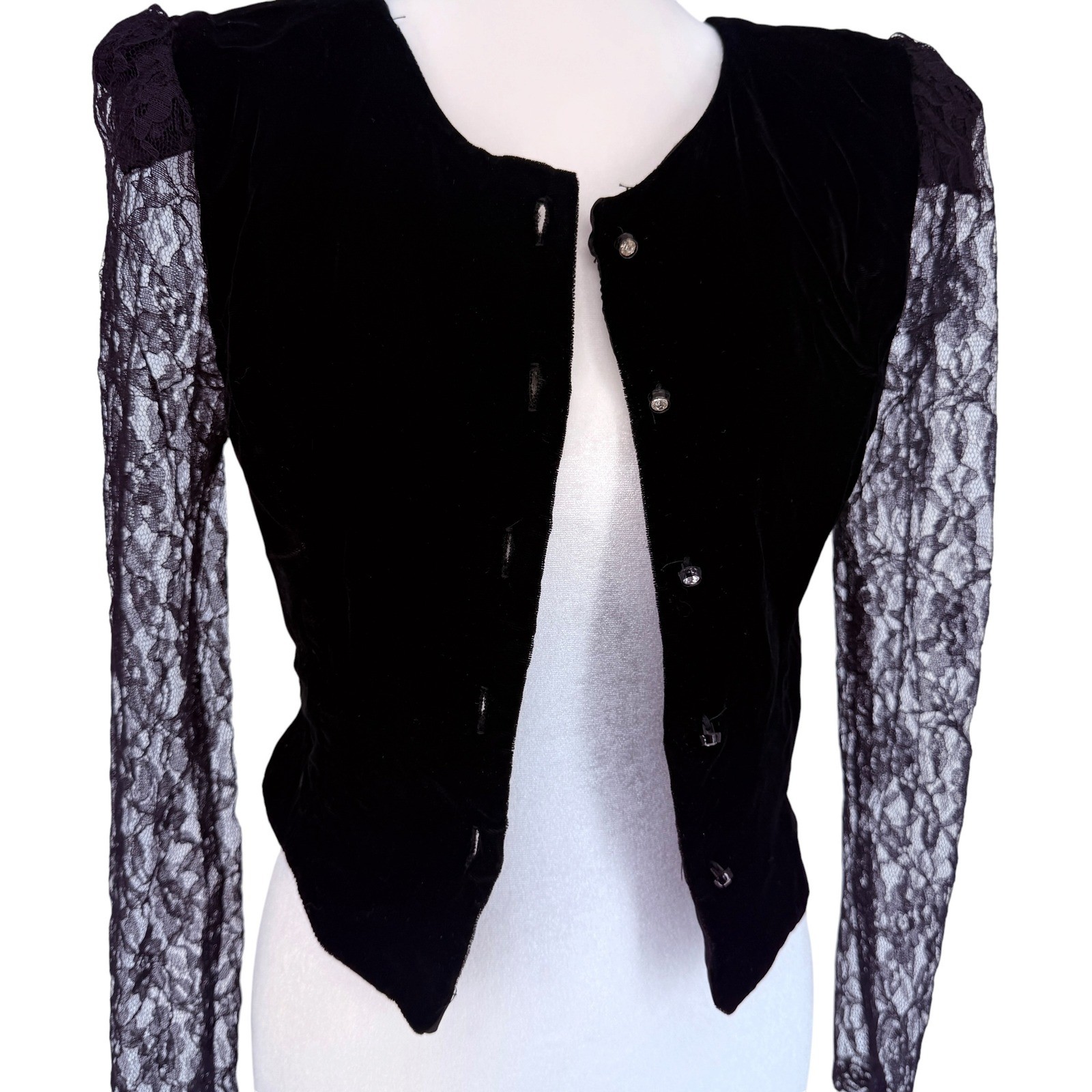 Vintage 80s Black Velvet Lace Long Sleeve Cropped Evening Top Jacket Goth Glam