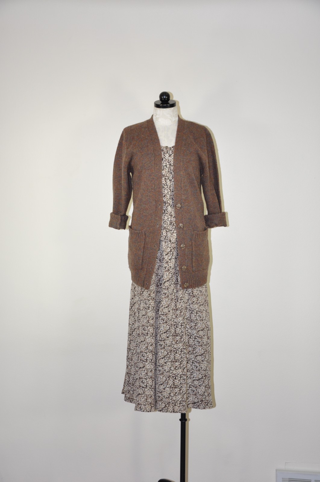 90s Vintage Brown Romantic Floral Long Sleeve Tie Back Grunge Dress Women S M