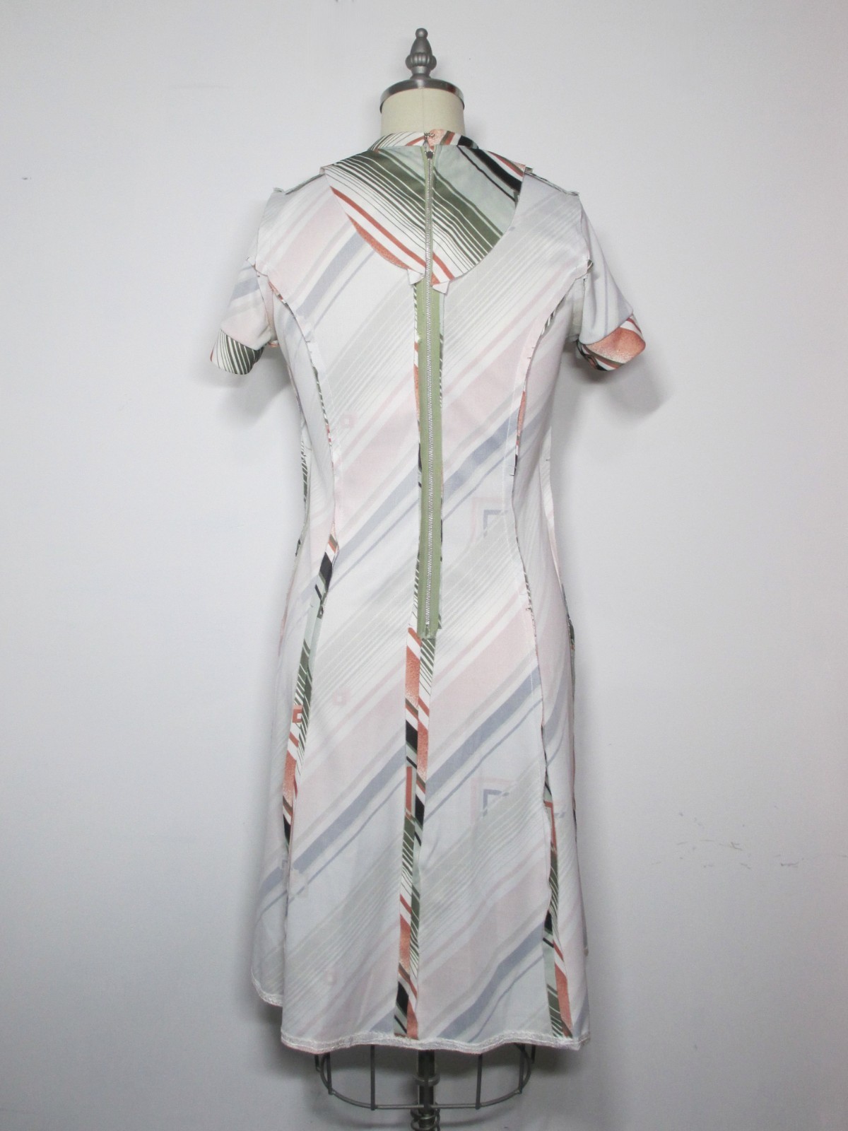 Vintage 70s Polyester A-line Dress, Olive, Pink& Black, Nice, Size M