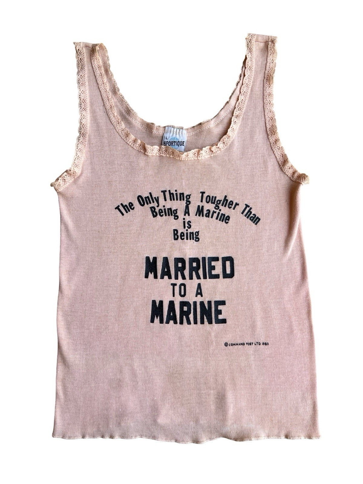 VTG 80s Rare Sportique MARINE WIFE Peach Novelty Tank Top Lace Trim Military Fun