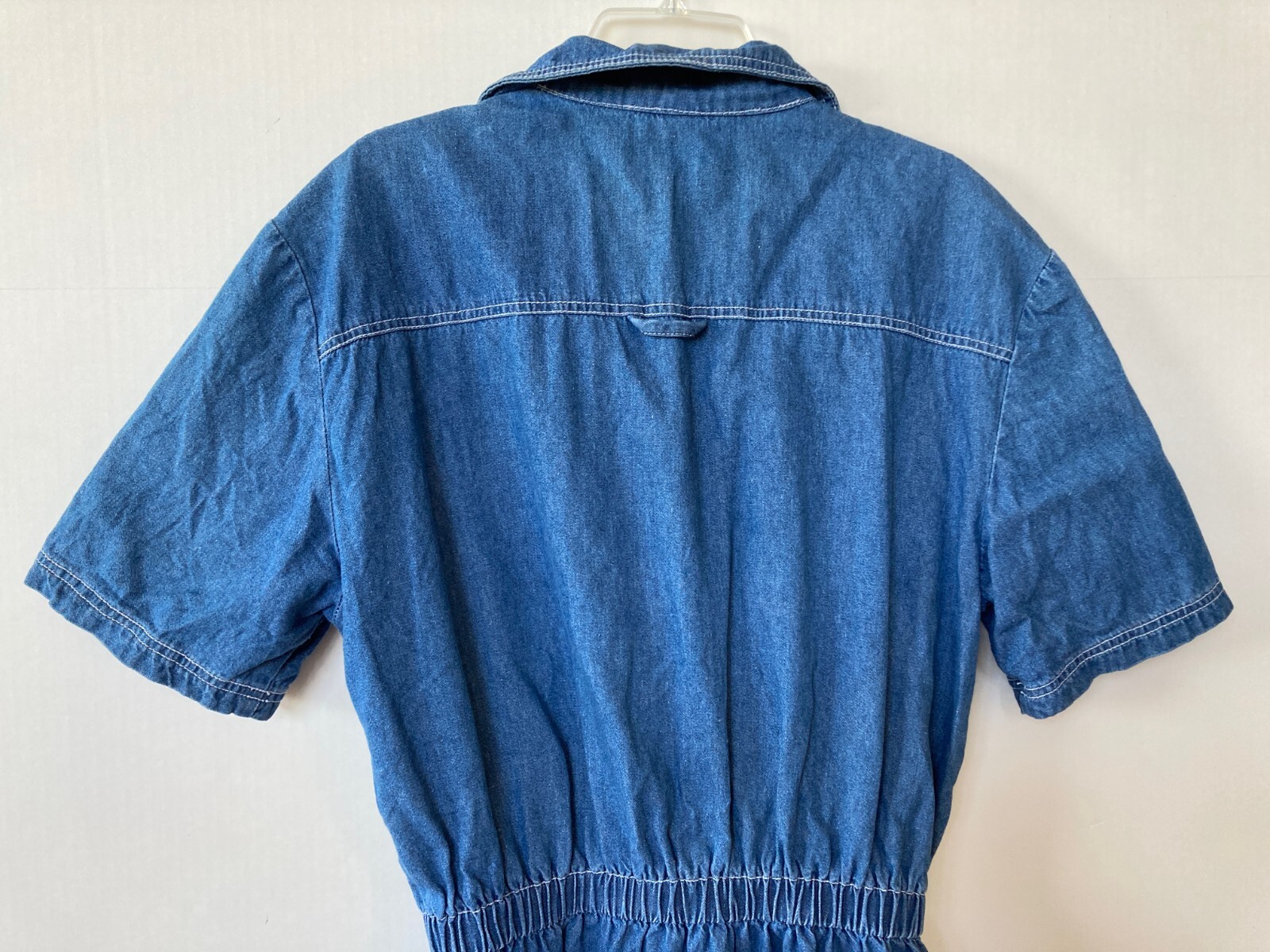 Vintage 80s Denim Dress Elastic Waist Button Down Front Large L Pockets