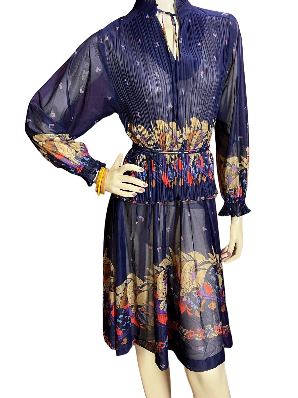 S-M 10 Petite Vtg 80s Sheer Dress Knife Pleats Peplum BLUE Japan Floral Print