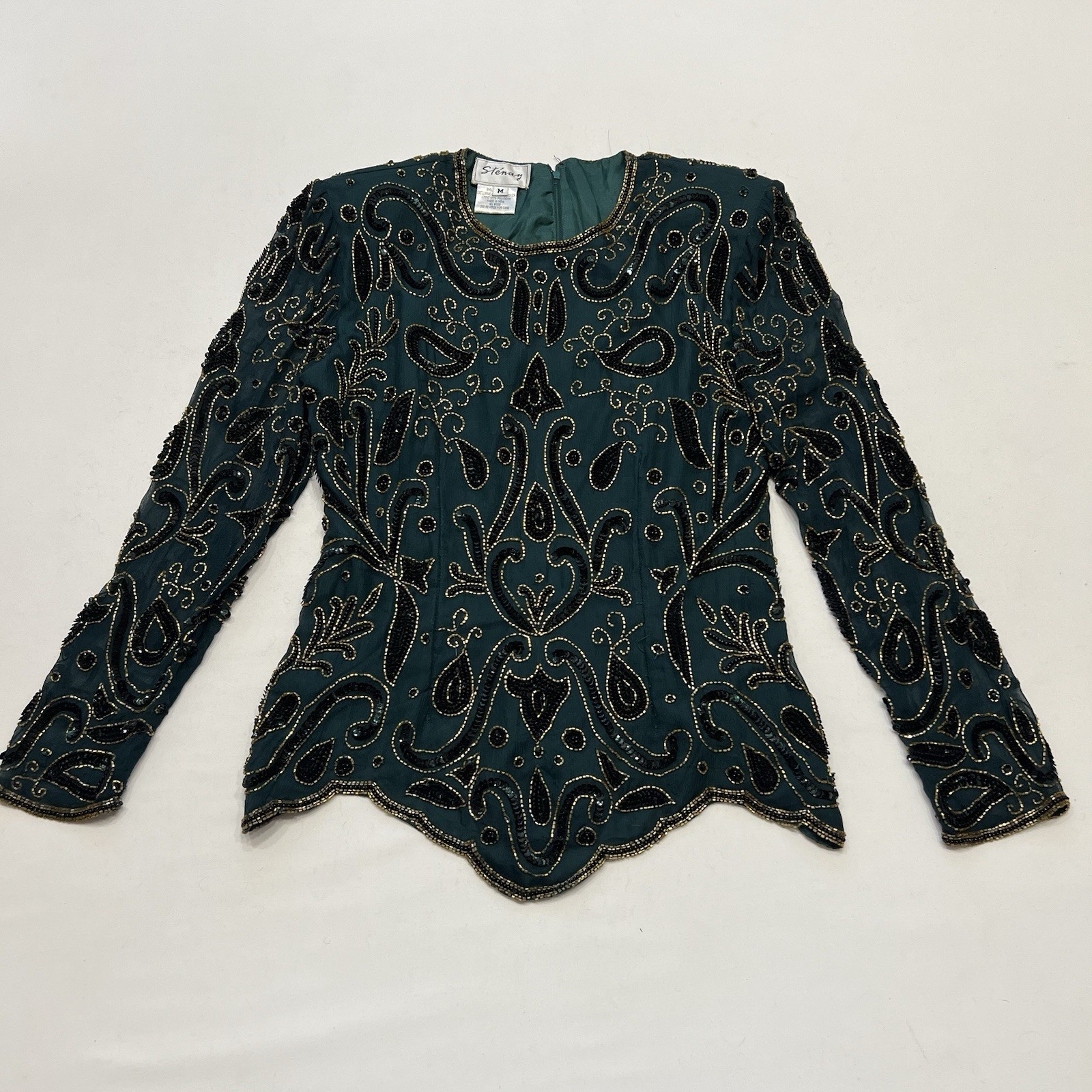 Vintage 80s Statement Beaded Blouse Size Medium Maximalist Glam Shoulder Pad Top