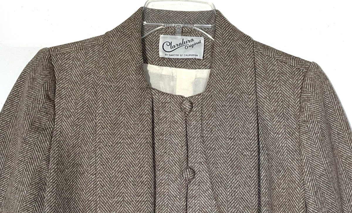 Vintage Claralura Original Herringbone Tweed Wool Real Fur Blazer Jacket Sz S