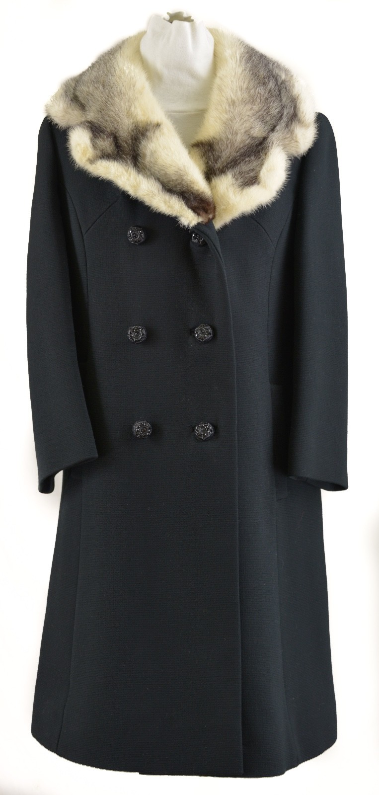 Vintage Double Breasted Black Wool Blend Coat, Black and Ivory Mink Fur Collar