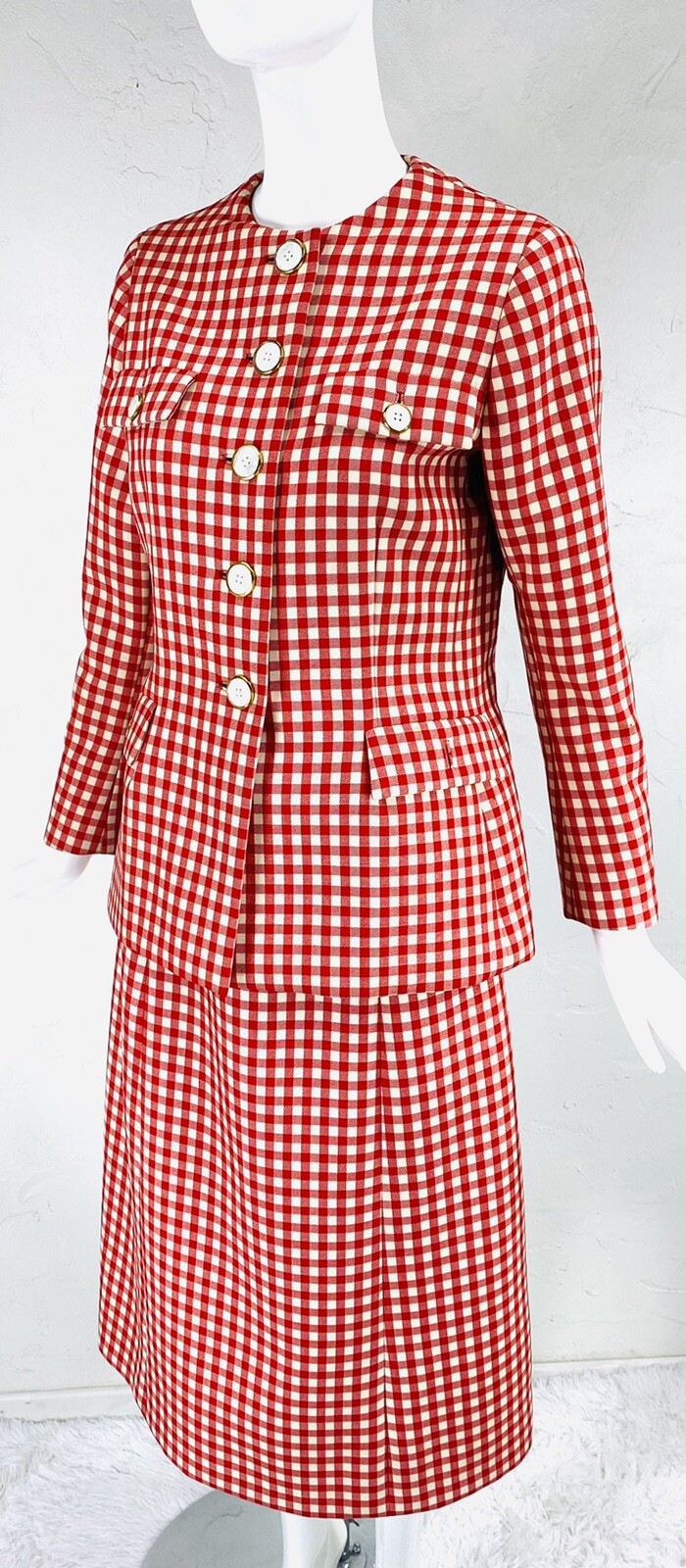 Met Museum Archive 1972 NORMAN NORELL Red Cream Gingham Skirt Jacket Suit M
