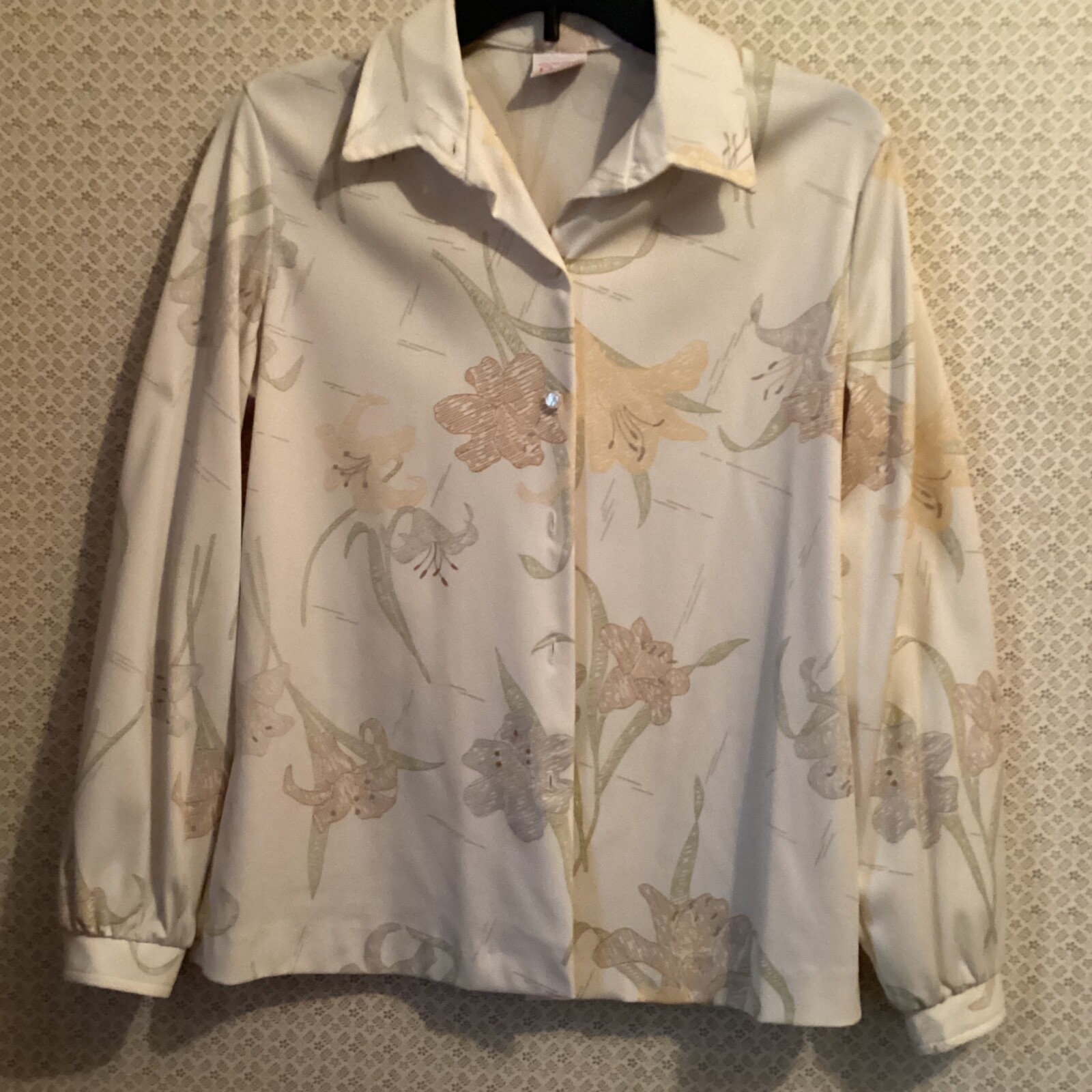 70s Retro Blouse Asiatic LILY Vintage Floral GRAFF Top Women S-M Polyest Collar