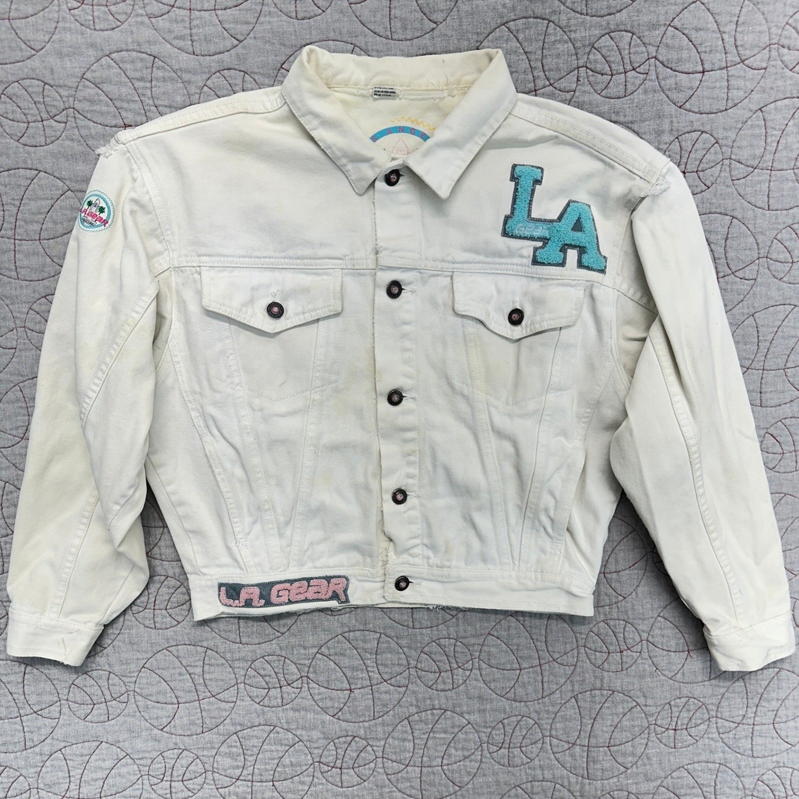 VTG 90s LA Gear Denim Jacket White Chenille Patch Vintage / Womens Large